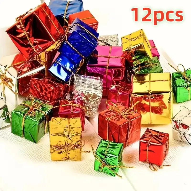 12-Piece Foam Gift Set Christmas Decorations, Square Box Hanging Ornaments, Colorful Laser Foil, Party Accessories for Holidays