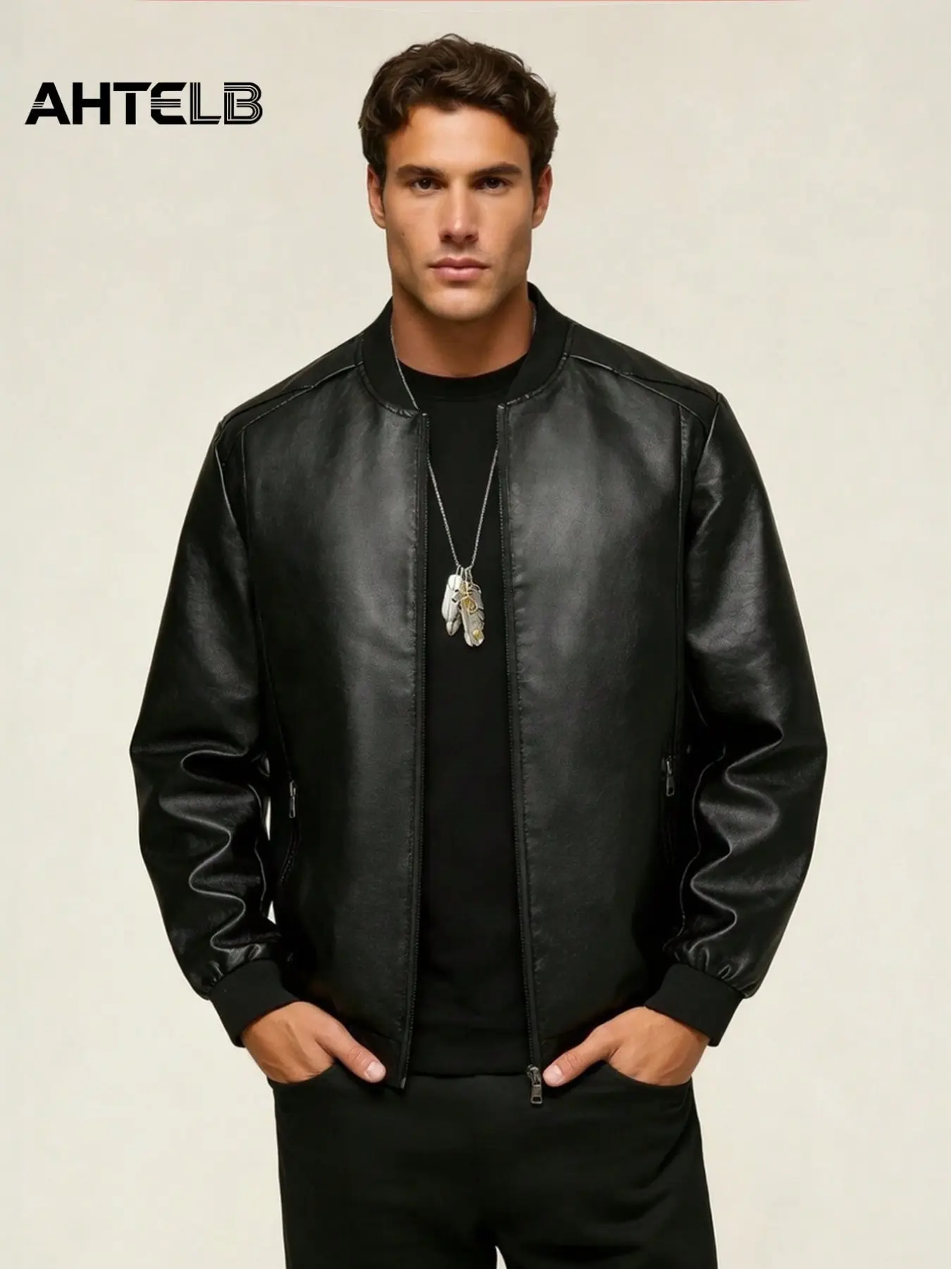 AHTELB Men's Outdoor Leather Jacket, Baseball Neck Motorcycle Jacket, Fashionable British Style, Perfect for Cycling,Leather Jacket Men, Jacket For Men, Leather Jacket，For Friends, Husband, Boyfriend Gifts