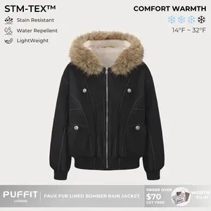 PUFFIT STM-TEX Faux Fur Lined Waterproof Bomber Jacket With Faux Fur Collar Hood,Elegant And Sophisticated,Enhances Warmth, Providing A Soft,Beautiful And Warm, Offering Both Style And Practicality,Y2K Style