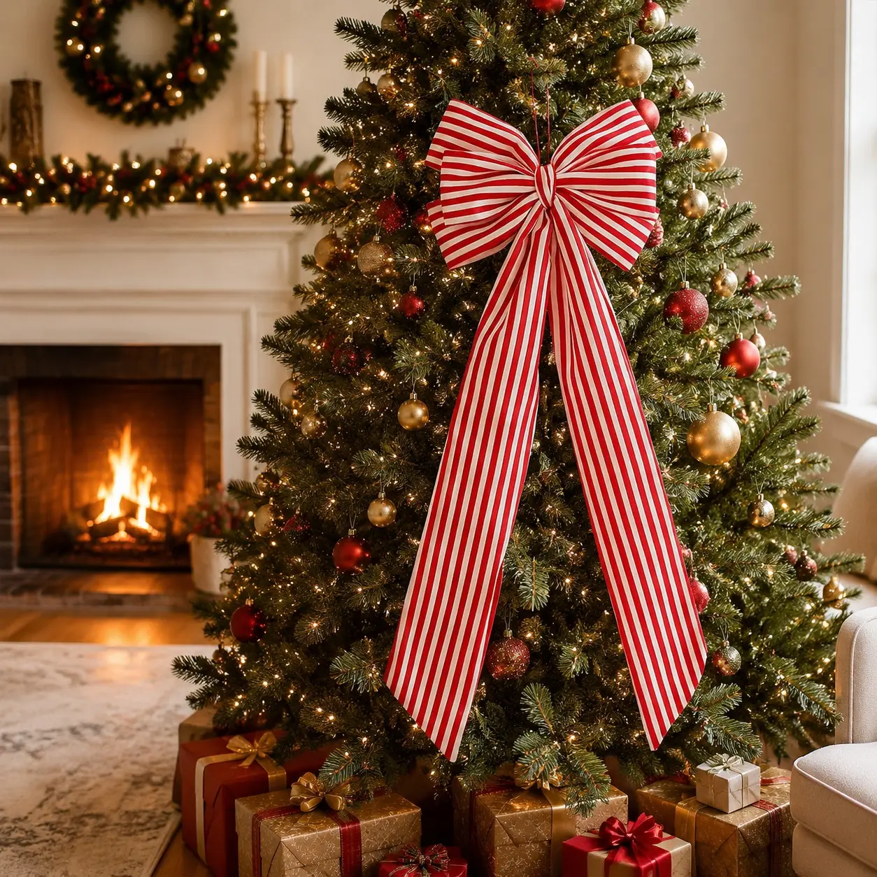 Fabric Christmas Bow Hanging Ornament, Checkered Large Bow, Christmas Window Display Decor, Mall Decoration