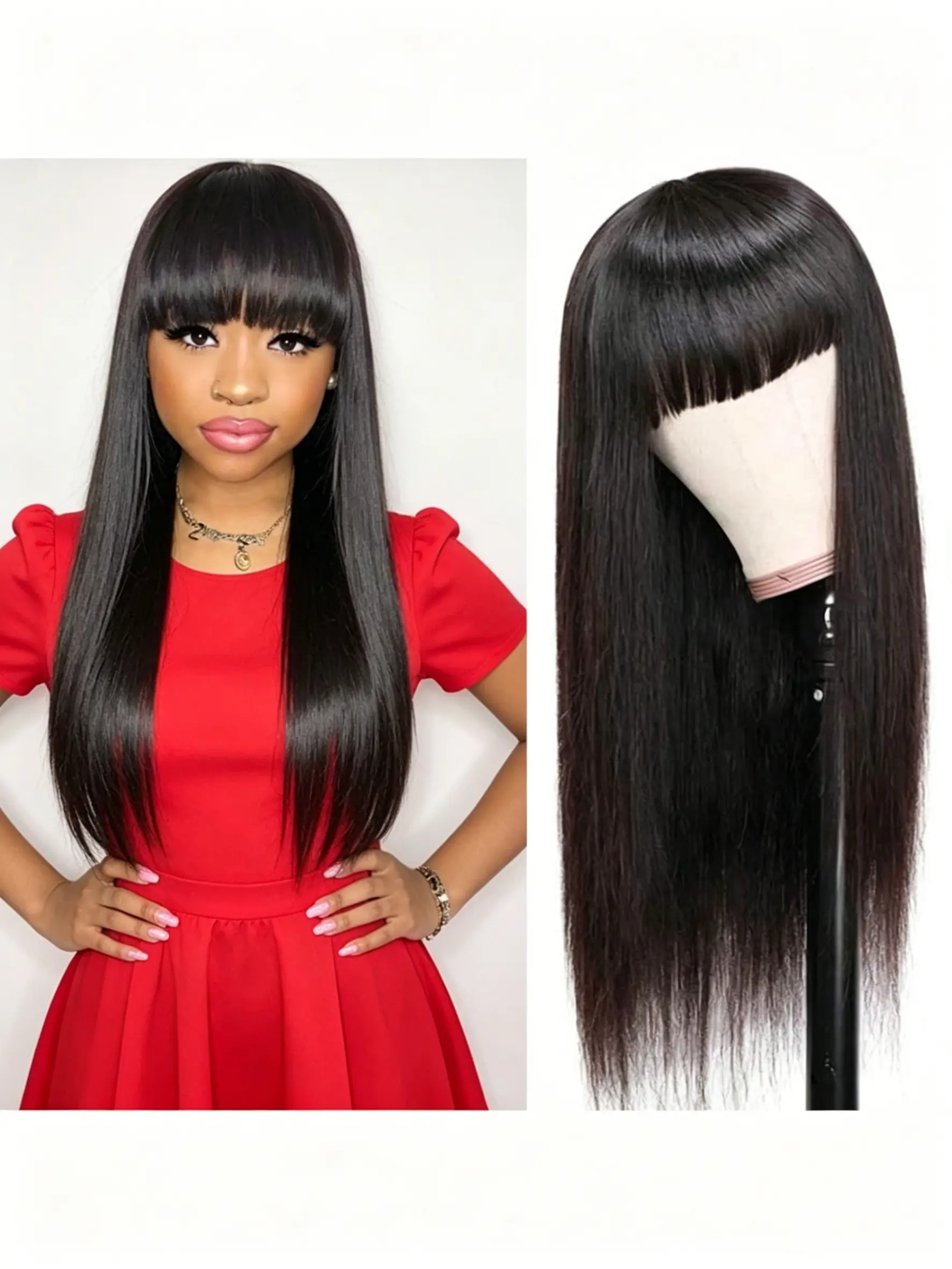 Beginner Friendly Glueless None Lace Wig, Full Machine-Made 180% Density Brazilian Virgin Straight Hair With Bangs, Natural Black Easy Wear Wig For All Skin Tones