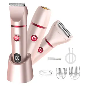 Bikini Trimmer for Women, 3-in-1 Electric Razors for Women, Painless Waterproof Electric Foil Shaver Razors for Facial Leg Body IPX7 Waterproof Rechargeable Cordless Pubic Hair Shaver, with LED Display, for Ladies Bikini Pubic, Face, Underarms, Legs(Pink)