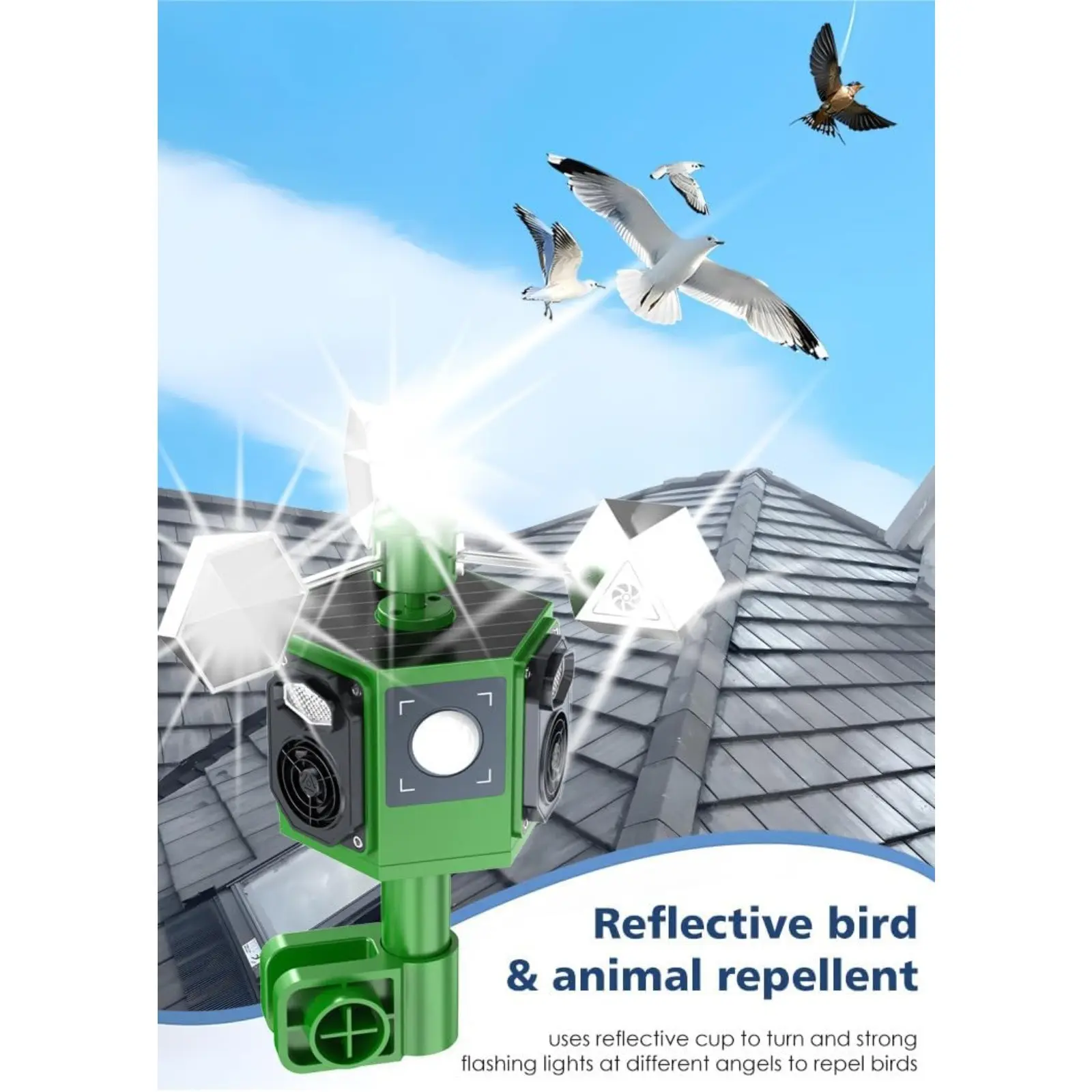 Outdoor Soundwave Bird Repellent with USB Backup, 360° Rotating Reflector & Color LED Light for Garden, Orchard, Agricultural Vehicle, Pest Control Device