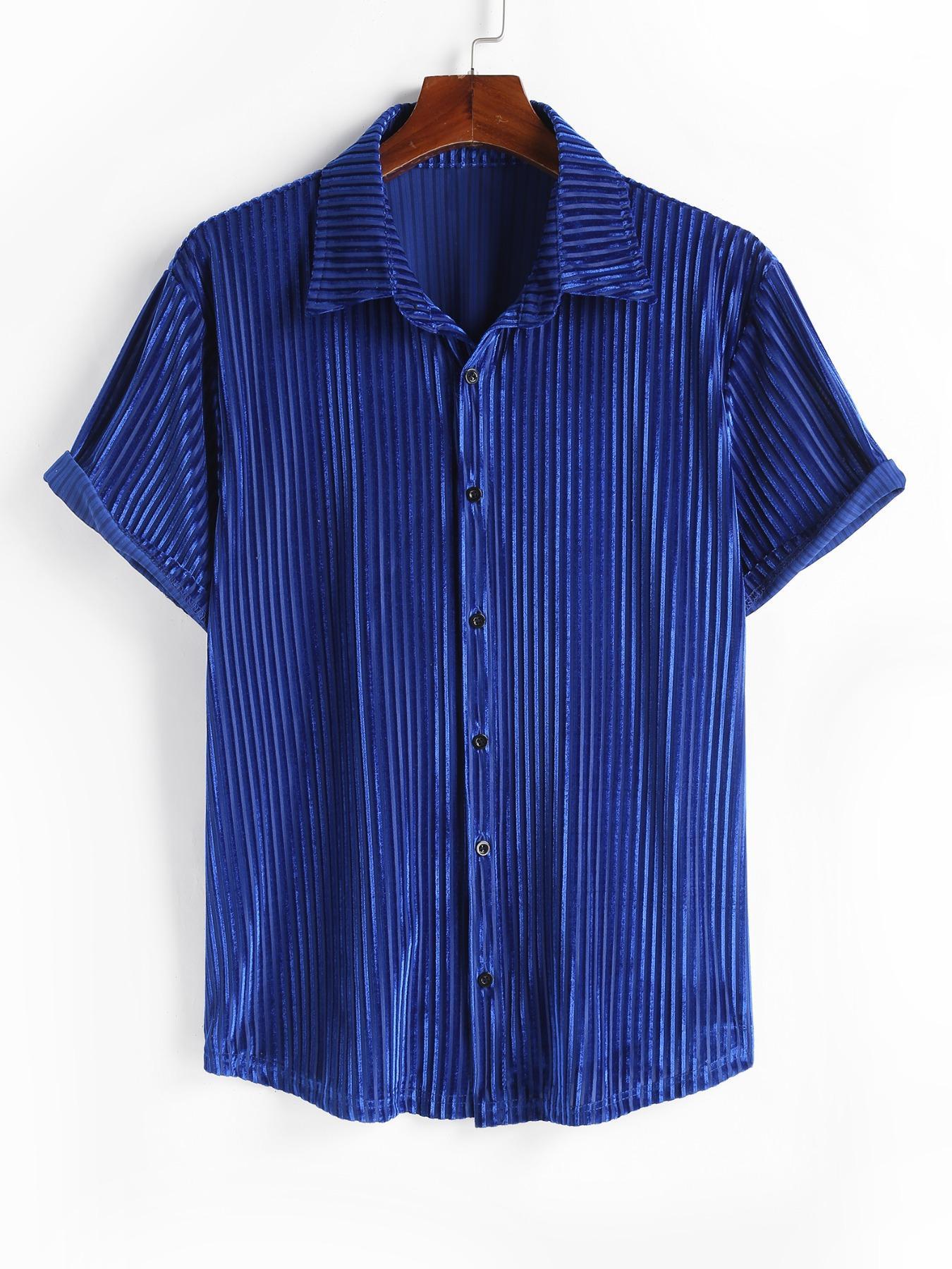 Men's Velvet Drawstring Gemstone Blue Short Sleeve Shirt, Plaid Fabric, Soft Comfortable Material, Casual Style, All Seasons