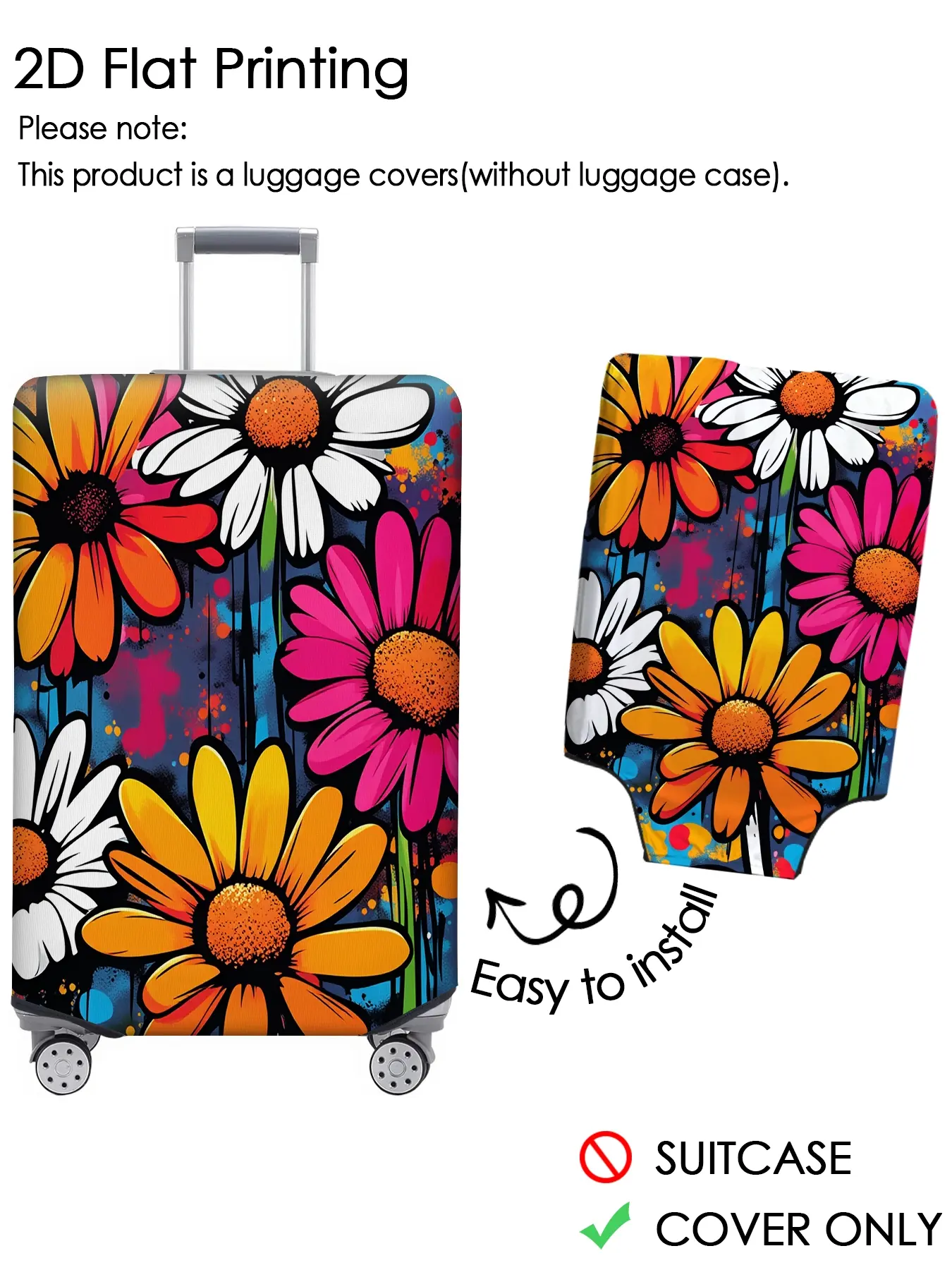 Colorful daisy graffiti luggage cover, luggage protection cover, dust-proof, scratch resistant, personalized pattern not easily confused, suitable for 18-32 inch luggage, essential travel accessory