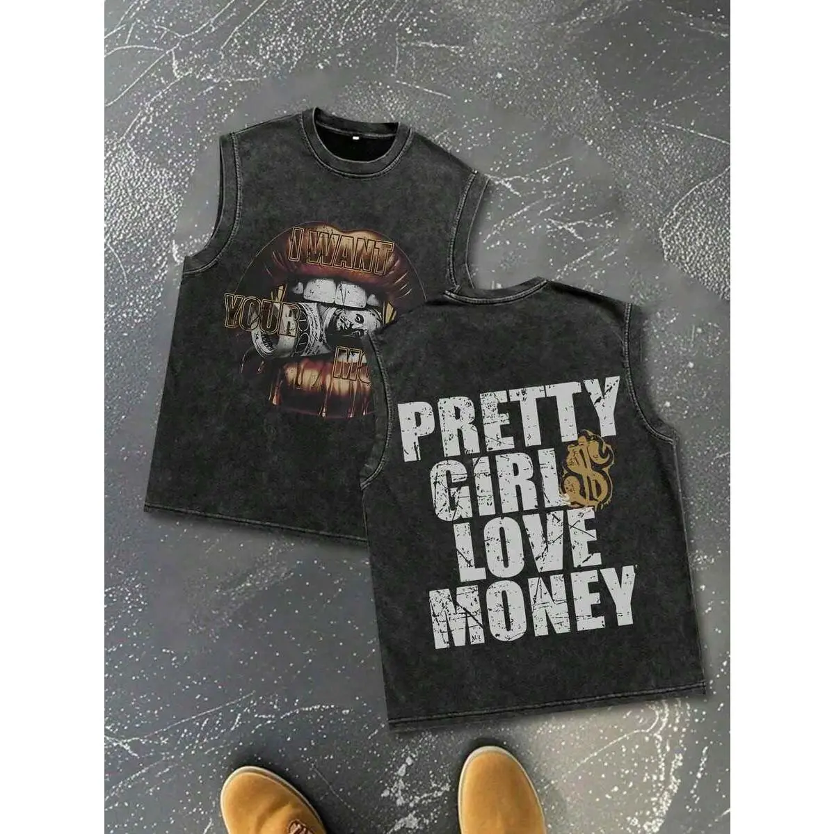 Retro Stone Washed Double Side Printed Oversized Tank Top, Soft Cotton Round Neck Unisex Casual Vest, Vintage Money Lips & Distressed Text Graphic Basic Top, Versatile Urban Hip-Hop Apparel for Outdoor Trips & Daily Street Styling