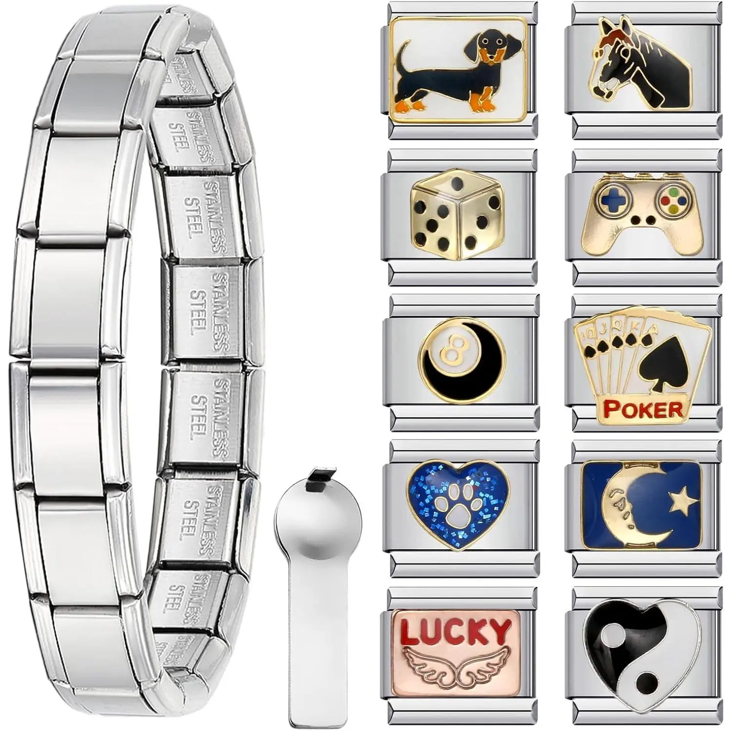 Italian Charm Bracelet with 10 or 20 Charms, Stainless Steel Adjustable DIY Charm Bracelet for Women & Men, Includes Opener Tool –  or  Options