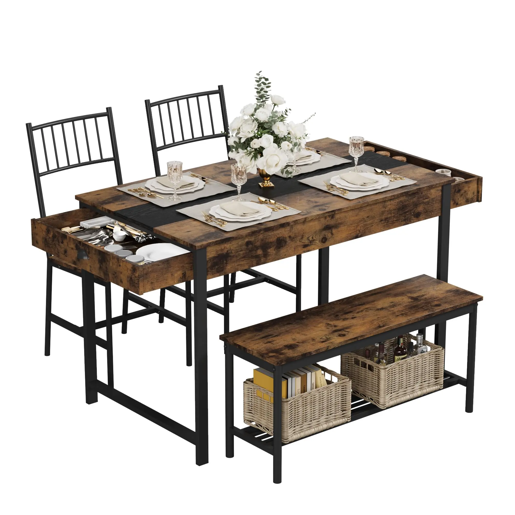 Garvee Dining Table Set for 4, Small Kitchen Table and 2 Chairs for 4 with Bench, Space Saving Kitchen Table Set with Storage Rack & Drawers, Breakfast Nook Rectangular Farmhouse Table Set, Retror
