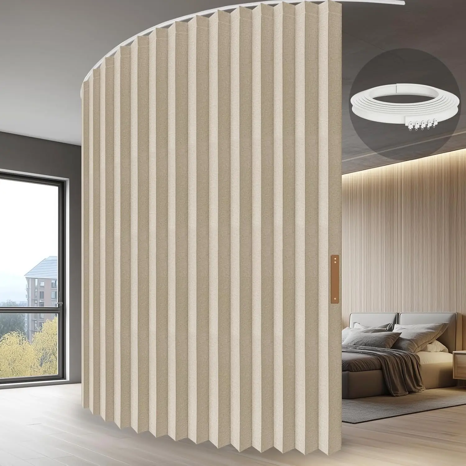 Curved Track-Mounted Accordion Folding Room Partition with Ceiling Track, Retractable Room Divider Curtain, Effortless Setup (Beige, 100x84", Pack of 1), Curtains