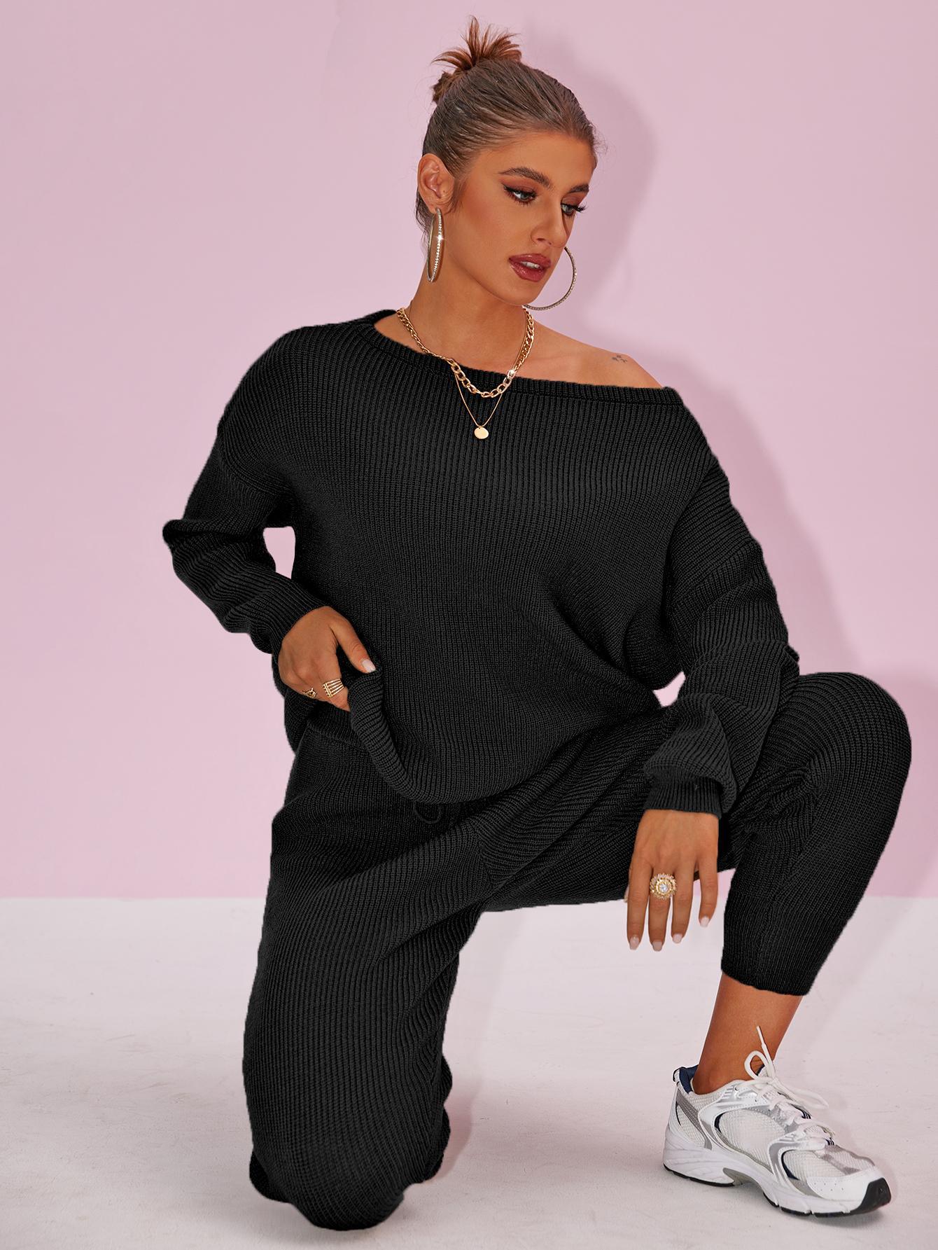 Joyfunear Women's 2025 Fall Winter Knit Set Oversized Sweater & Lounge Pants Matching Striped Basic Black Fitted Long Sleeve Shirts & Blouses for Casual Wear