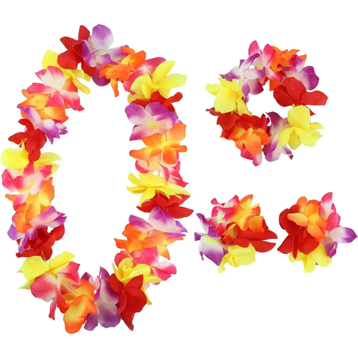 Hawaiian Leis Set,Hawaiian Luau Flower Leis Necklace Headband Bracelets Set,Essential Party Decorations for Birthday, Graduation, and Wedding Celebrations (Colorful)
