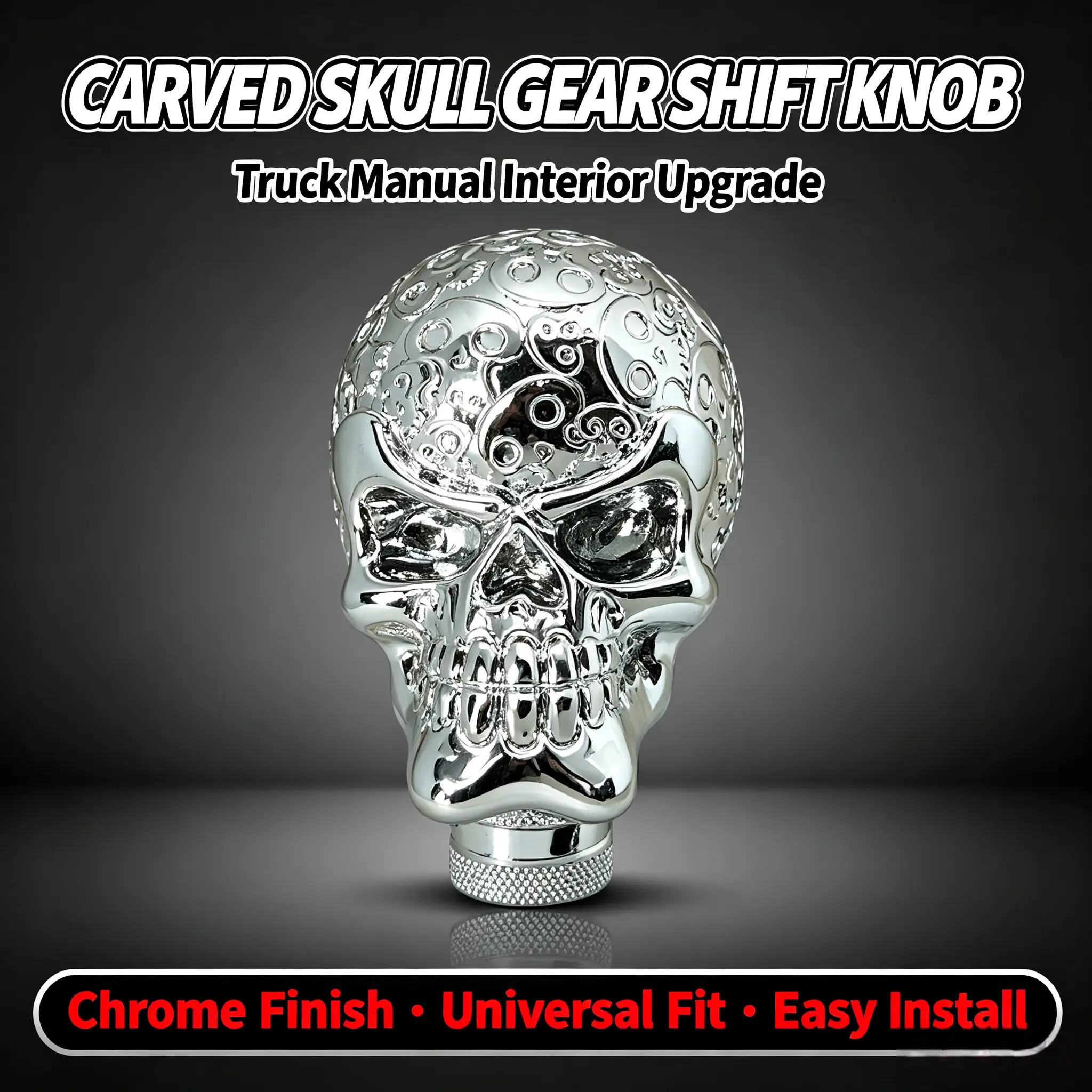 3D Carved Chrome Skull Gear Shift Knob, Universal Manual Shift Knob with Adapters, Truck Pickup Car Interior Mod Accessories,pedal,,running,board,degree,rotation,wheel,paddle,shifter,trim,foot,,Transmission,Shifter Boot,nerf,bar,,compa,2019-2025,dodge,ram