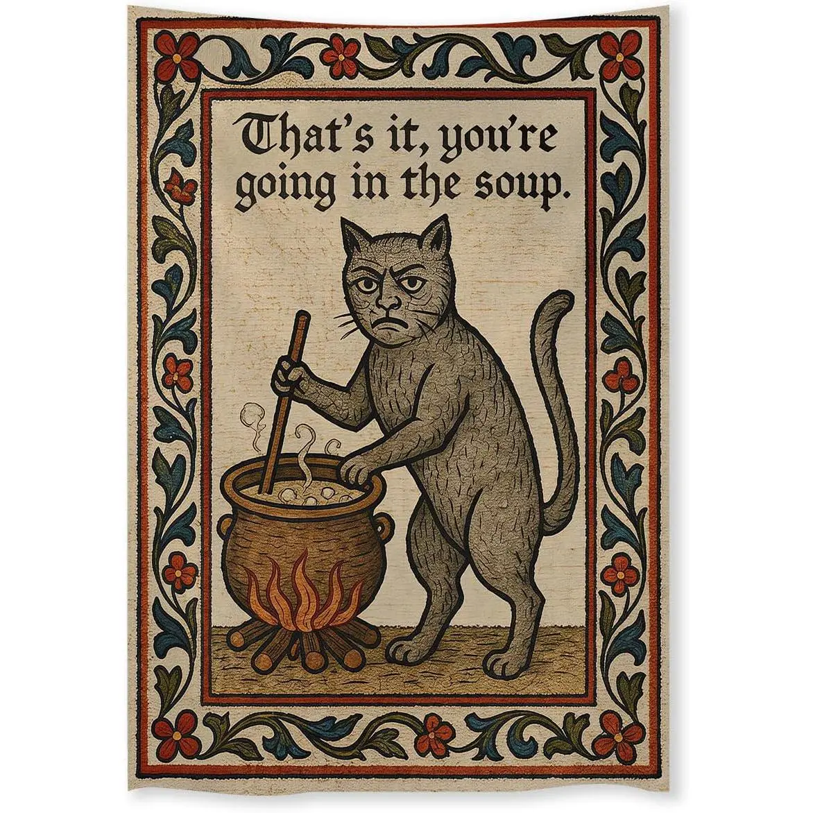 FoxUncle Weird Medieval Cat Woven Tapestry, Vintage Aesthetic Wall Art, Funny Quirky Animal Home Decoration, 40x60in for Living Room, Bedroom