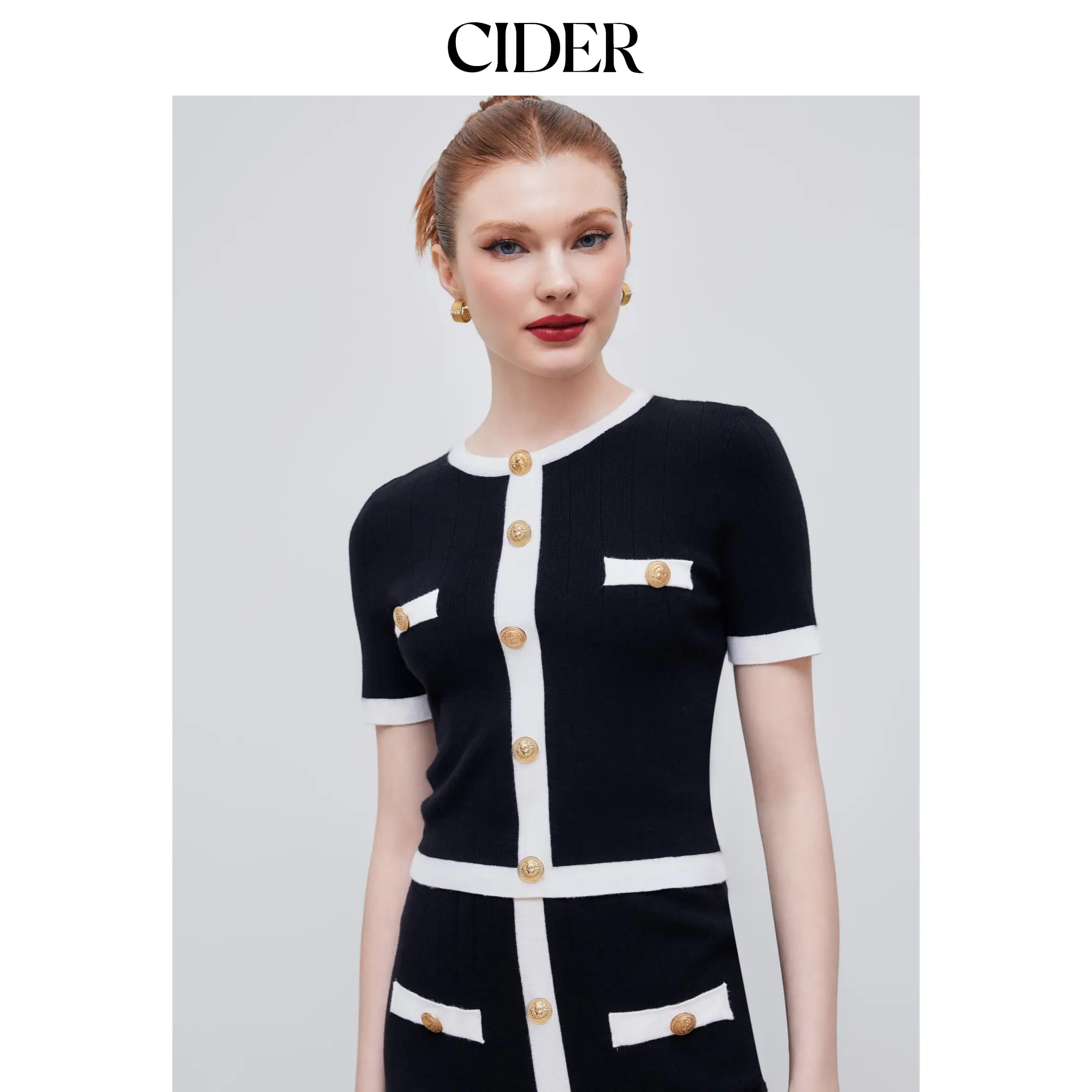Cider [size 2-10] Knitted Round Neck Contrasting Binding Short Sleeve Top