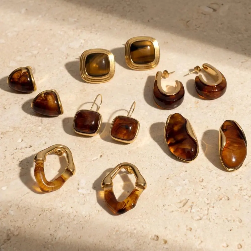 Vintage French Amber Resin Stainless Steel Stud Earrings for Women Chic Square Gold Plated Tortoiseshell Statement Party Jewelry