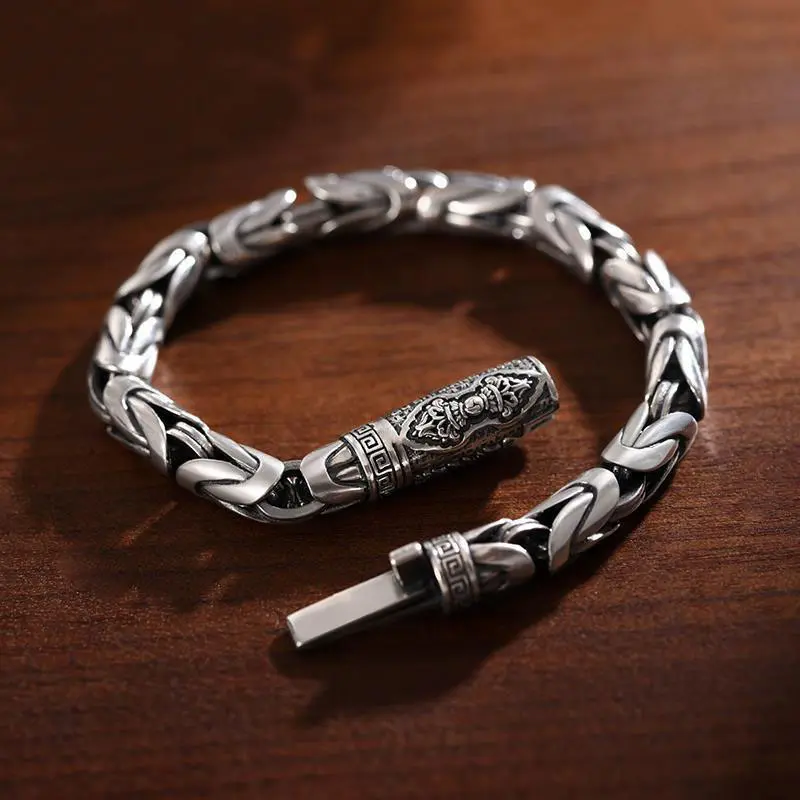Vintage Men's Vajra Motif Woven Link Bracelet - 21cm Anti-Tarnish Gothic Tribal Hip Hop Stylish Handmade Fashion Accessory