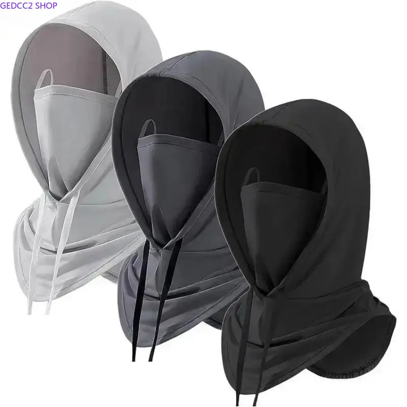 3-Pack Hooded Balaclava, Cotton Breathable Lightweight Cooling Fabric Face Cover with Adjustable Drawstring, UPF 50+ UV Shield, Dustproof One-Size Ski Mask for Running, Outdoor Work, Hiking