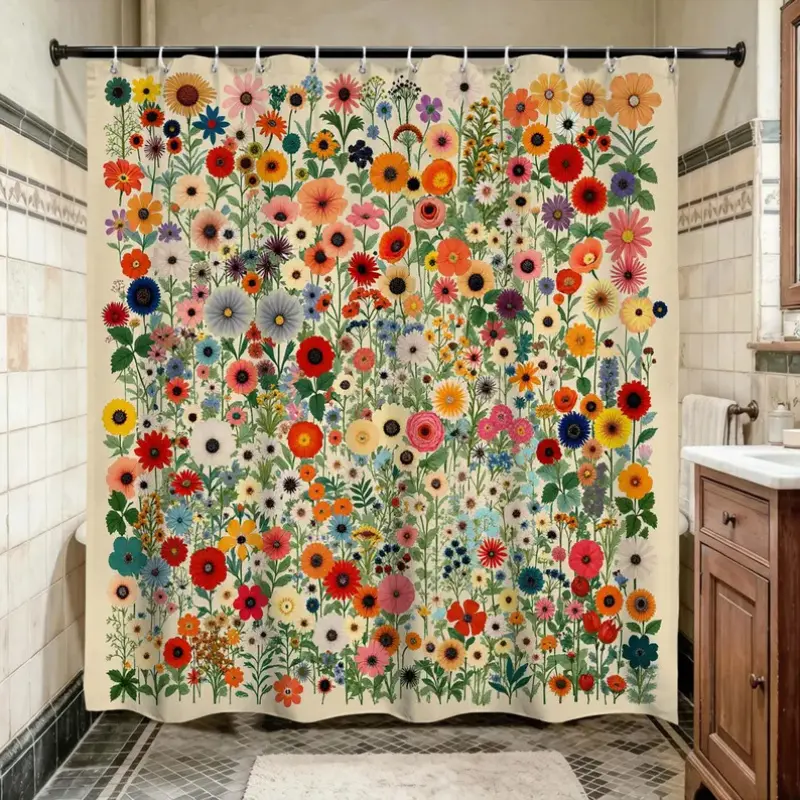 Boho Wildflower Shower Curtain 72"x72", Waterproof Polyester Fabric Bath Curtain with Hooks, Vintage Cottagecore Botanical Cream Floral Curtain, Machine Washable Farmhouse Bathroom Decor