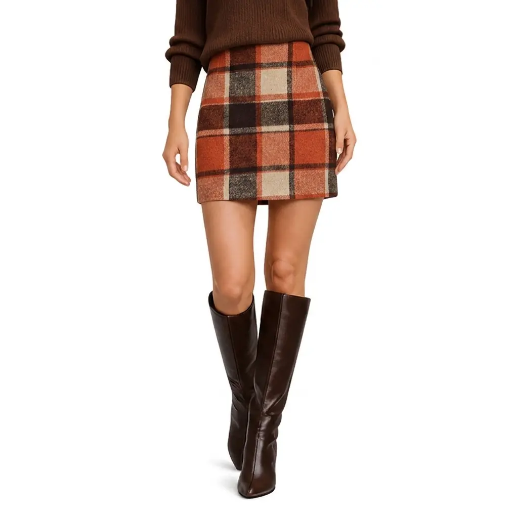 Women's Casual Comfortable Polyester Puffer Fitted Plaid Mini Skirt - Comfort-Lined Bottoms for Winter Shopping, Christmas Family Parties, Checkered