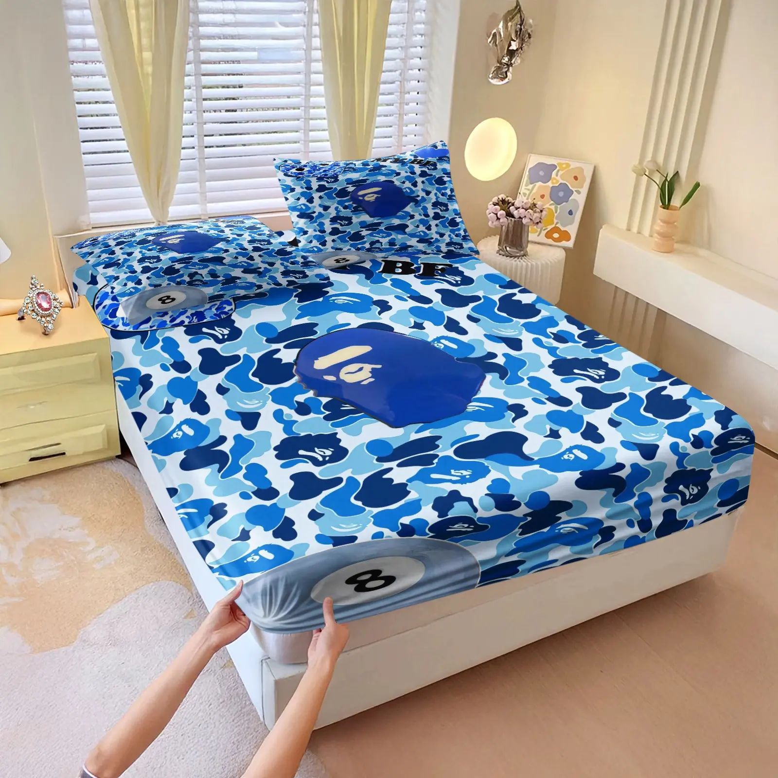 3pcs Blue Camouflage Printed Fitted Sheet Set, Cool Blue Camouflage Ape Head 8-Ball Billiards Pattern Bedding Set,Fashionable And Trendy Printed Microfiber Sheets, For Bedroom And Dormitory Decor All Year Round, 2 Pillowcases, Pillow Inserts Not Included