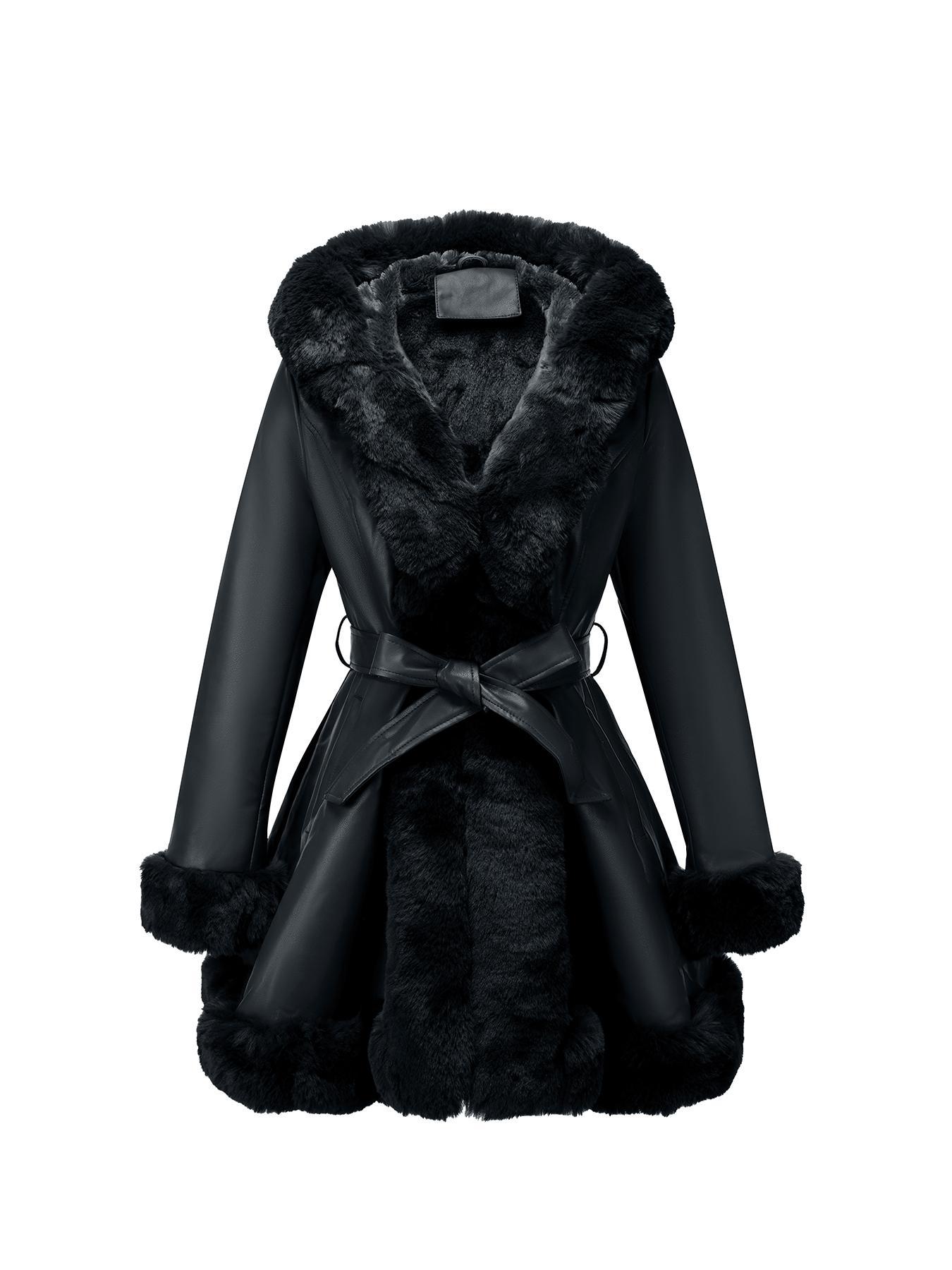 Giolshon Women's Fall & Winter PU Long Jackets, Warm Casual Hooded Fitted Coats with Detachable Belt and Faux Fur, Everyday Stylish Aesthetic Outerwear