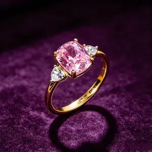 Created Ruby Statement Ring, 18k Golden Plated Cushion Cut Red stone Ring with Teardrop CZ Side Stones, Elegant Daily & Engagement Jewelry Gift for Women