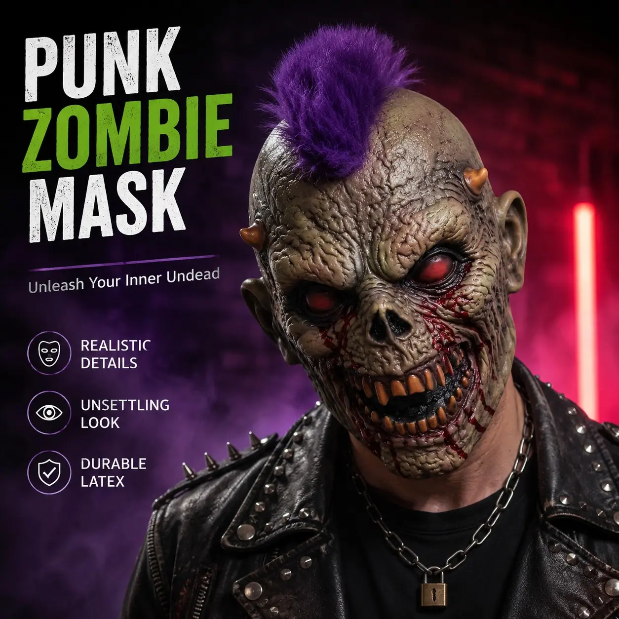 Punk Zombie Latex Mask with Purple Mohawk Hair, Creepy Monster Full Head Costume for Halloween, Cosplay Party, Horror Theme Events