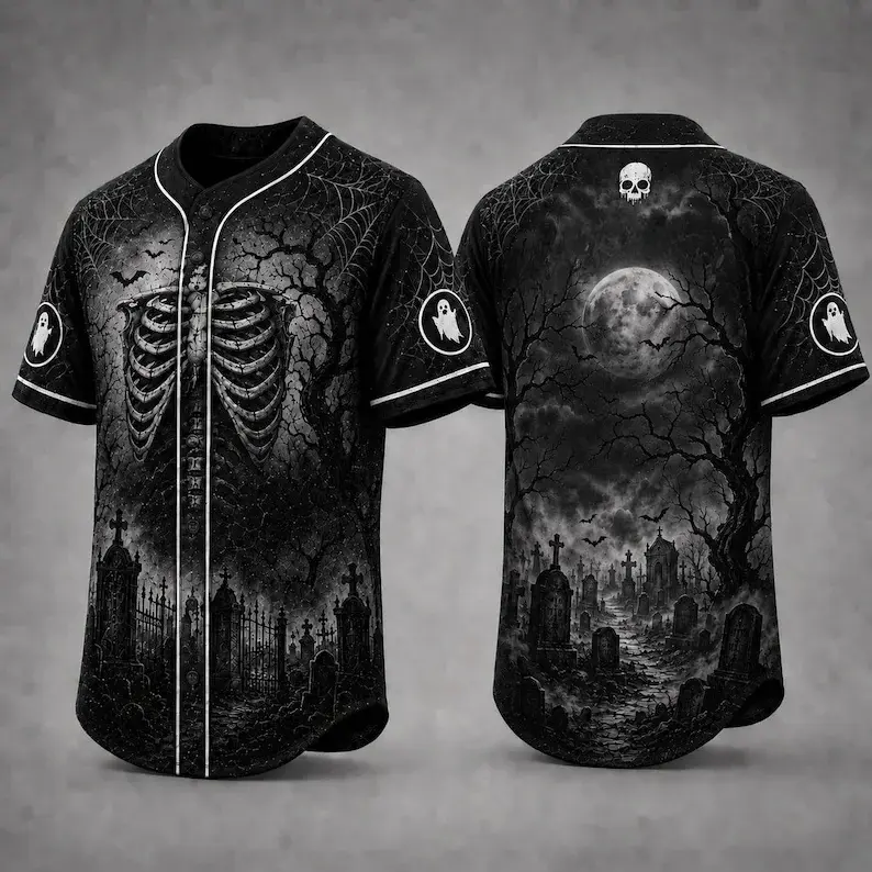 Skeleton Graveyard Baseball Jersey, Spooky Gothic Halloween Shirt, Horror Ribcage Jersey # Halloween Baseball Jersey # Halloween Gifts # TikTokMadeMeBuyIt # TikTokShop