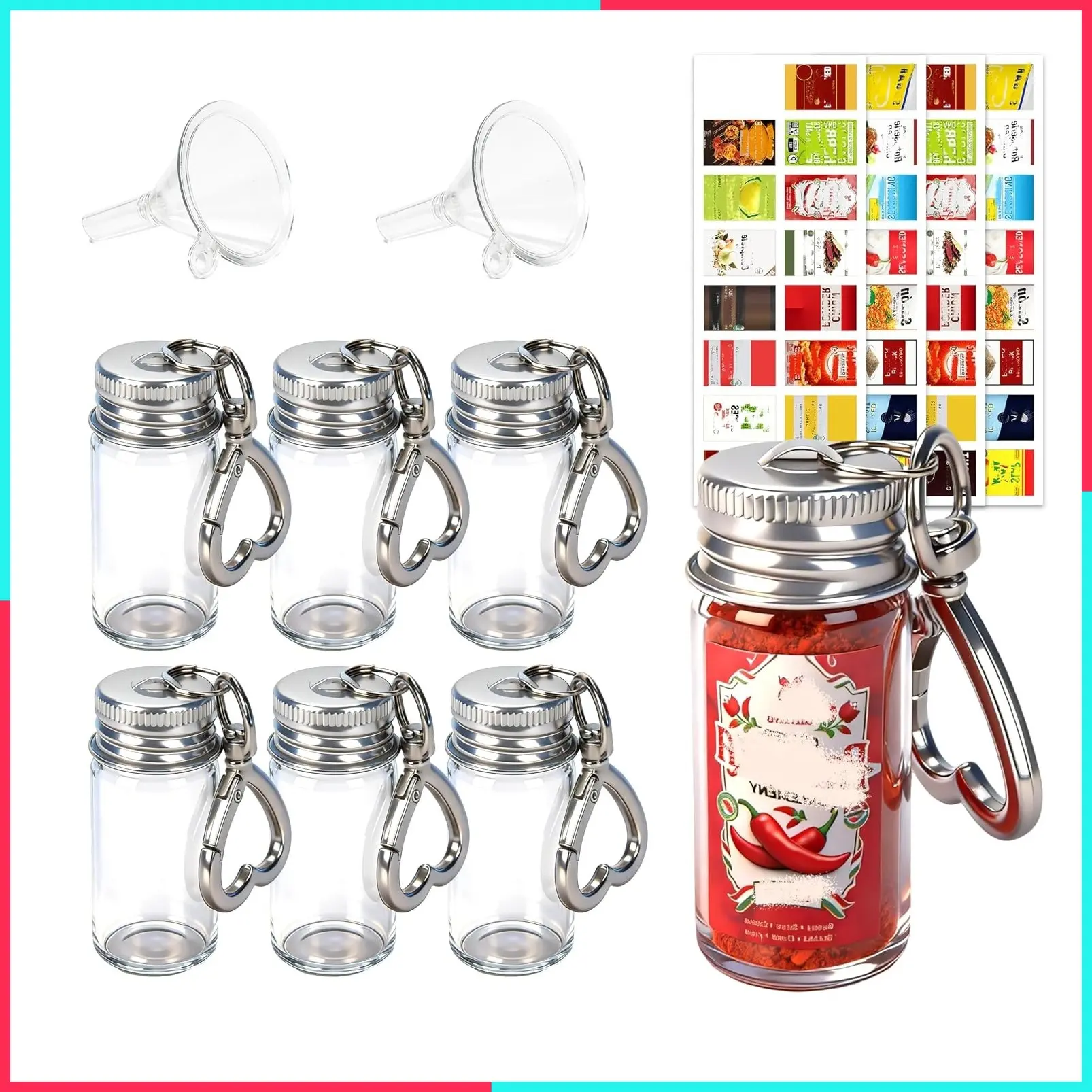 Mini Seasoning Keychain Bottle Set, 6 Pcs Empty Spice Jars with Mini Funnels & 30 Styles of DIY Stickers, Airtight Keychain Holders for Travel, Outdoors, Lunchboxes, Camping