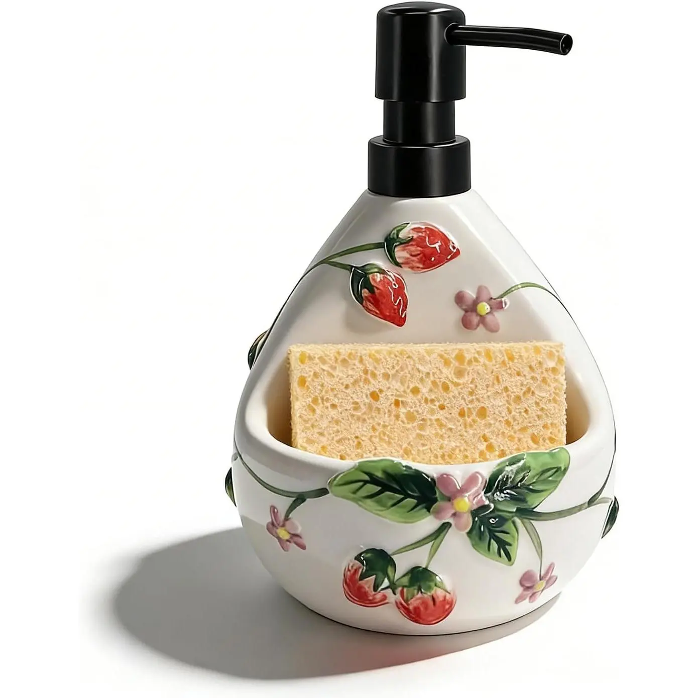 22oz Waterproof Ceramic 2-in-1 Space-Saving Soap Dispenser with Sponge Holder - 3D Strawberry Embossed, Smooth, Hand-Painted, High-Temperature Fired Glaze White Cottagecore Kitchen Countertop Sink Leak-Proof Hand & Dish Liquid Pump Set