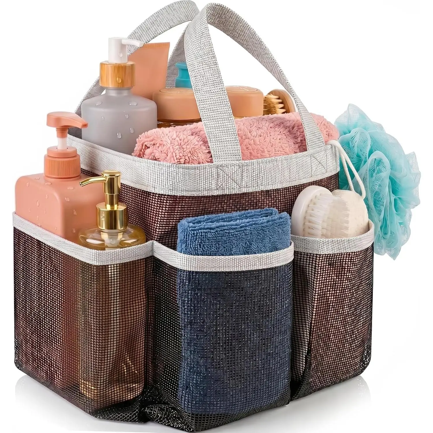 Nylon Mesh Shower Caddy, Portable 7-Pocket Hanging Tote, Quick-Dry Lightweight Toiletry Organizer with Reinforced Handles for College Dorms, Gym, Travel (Black)