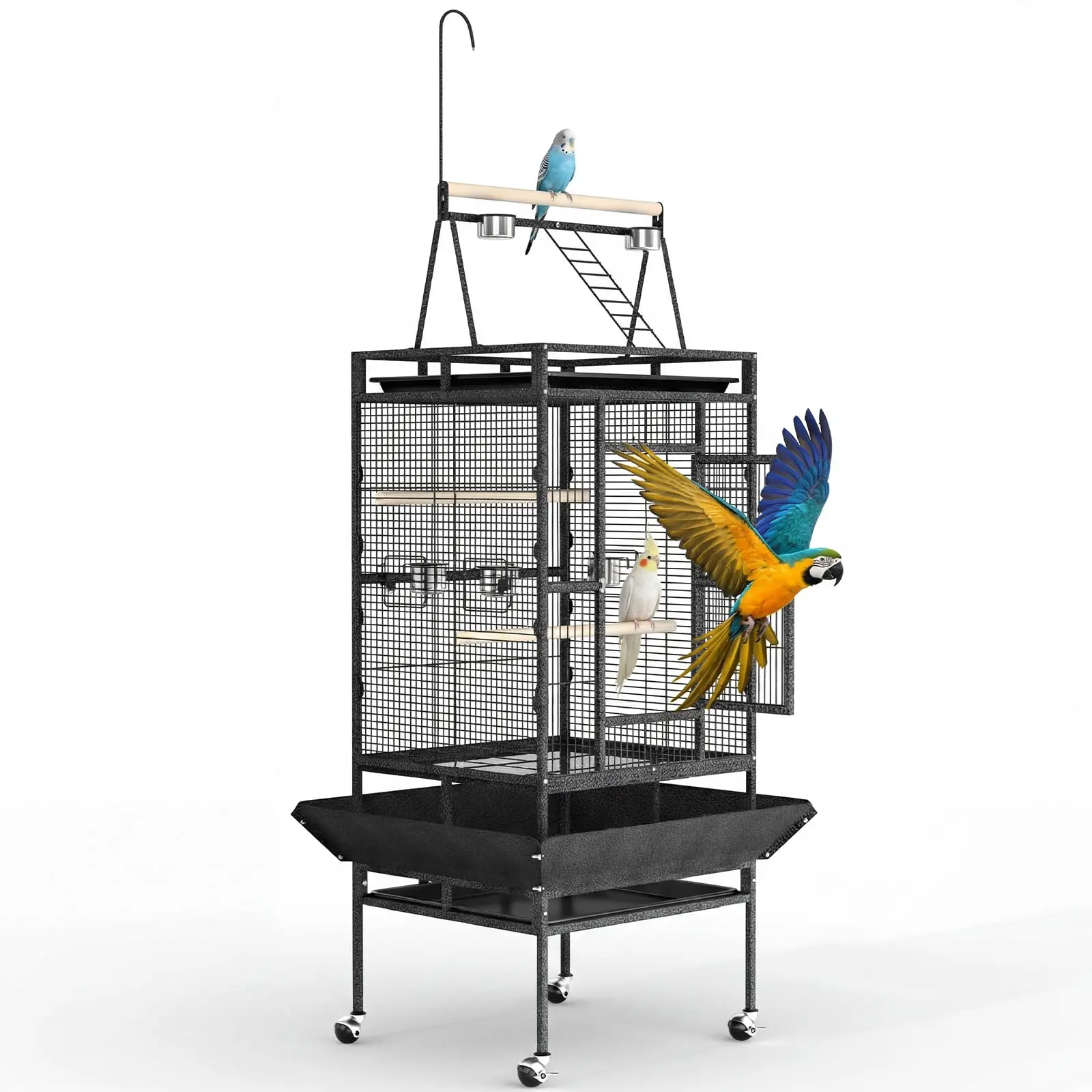 82-Inch Extra Large Wrought Iron Heavy Duty Parrot Aviary Cage with Play Top, Rolling Stand, Rope Perch, Removable Tray, Black Powder Coat - Ideal for Large Birds, African Greys, Parrots