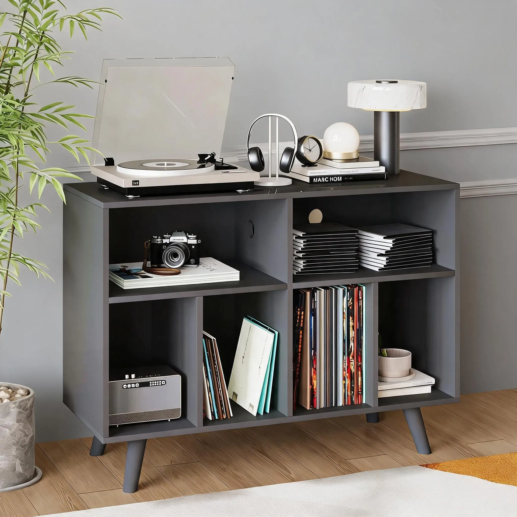 Record Player Stand with Vinyl Storage and Charging Station 350 Albums Capacity Mid Century Wood Turntable Table for Living Room Office