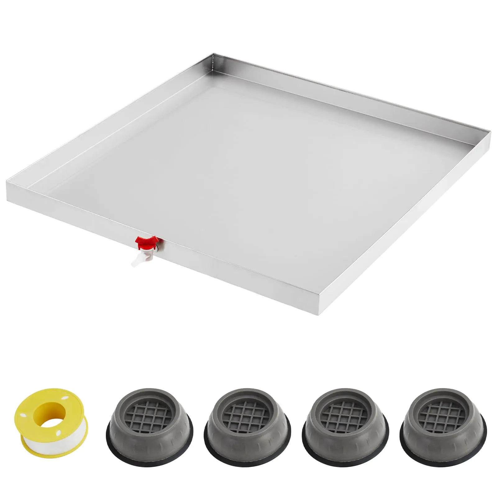 Garvee 28" x 30" Stainless Steel Washing Machine Drain Pan with Drain Hole, Hose Adapter, Heavy Duty Design, 4 Anti-Vibration Feet, Compact Drip Tray for Washer Protection