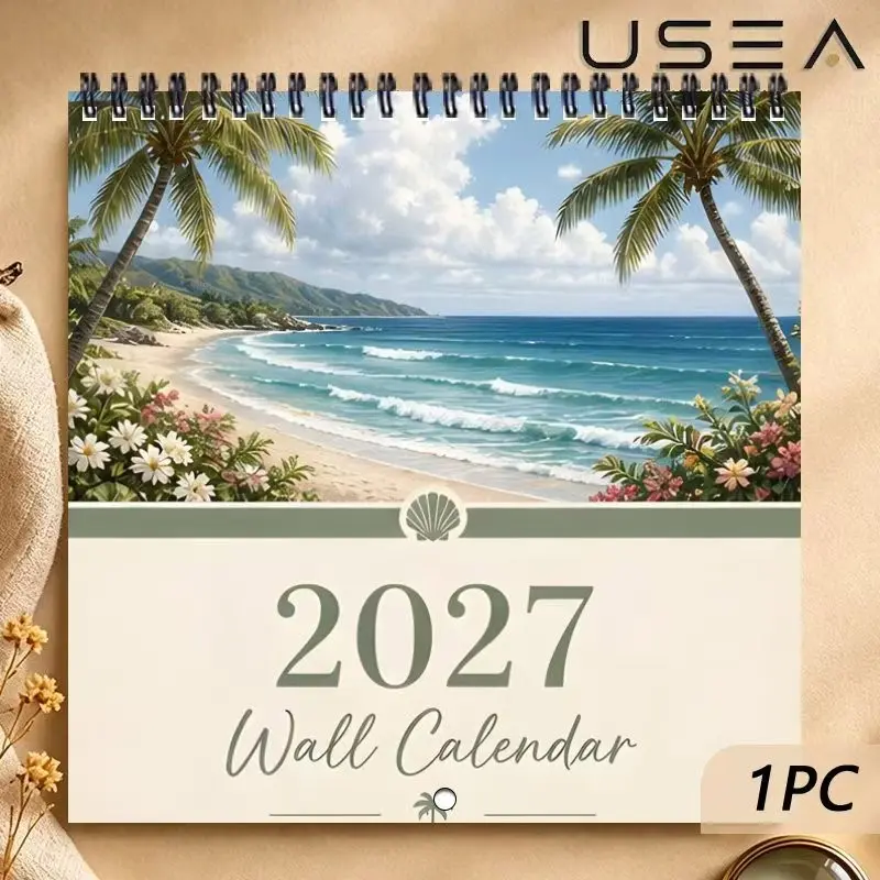2027 Tropical Beach Wall Calendar, Ocean Coastal Coconut Tree Landscape Hanging Monthly Planner, Vacation Style Home Wall Decor Gift