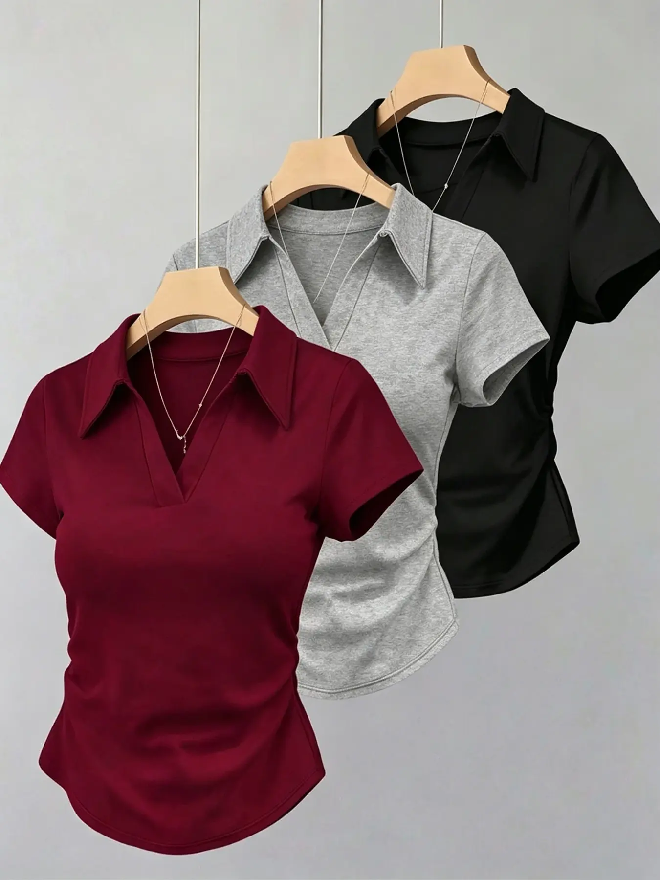 Vintage Women Lapel Collar V-Neck Polo Shirt, Short Sleeve Slim Curved Hem Crop Tshirt, Ruched Waist Solid Color Basic Top, Soft Casual Blouse Daily Street Fashion Outfits