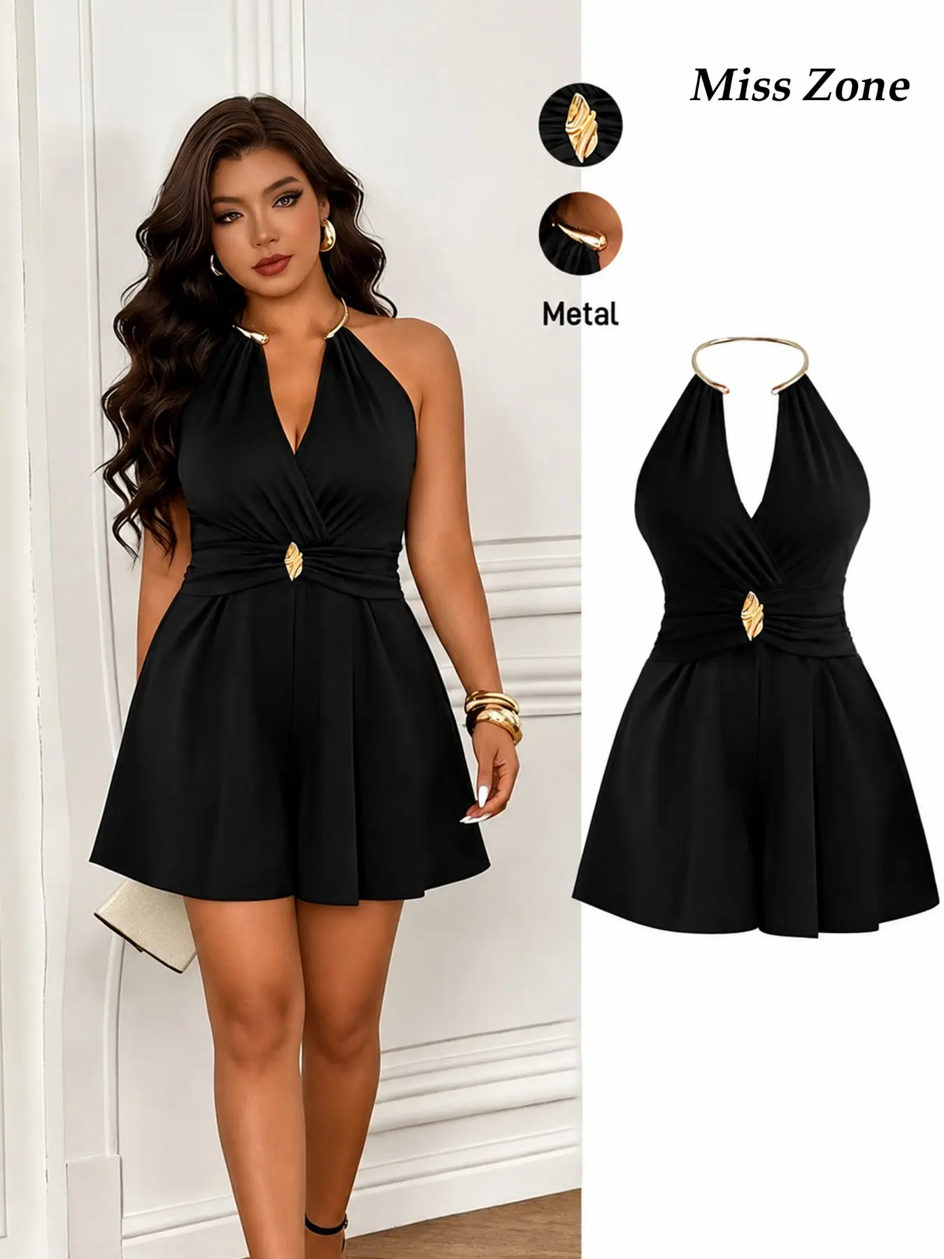 Women’s Plus Size Halter Backless Elegant Chic Romper Metal Detail Deep V Neck High Waist Sleeveless One Piece Shorts Outfit Sleeveless Strap Overalls for Vacation Date Night Party Plus Size Overalls