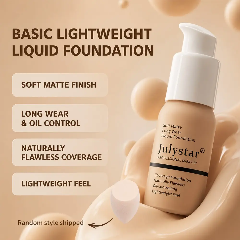 Julystar Soft Matte Long Wear Liquid Foundation With Free Beauty Sponge, Hydrating Moisturizing Oil-Control Buildable Coverage Base, 10 Shades Flawless Concealing Makeup for Summer Festival Grad Daily All Skin Tones, Hydrate