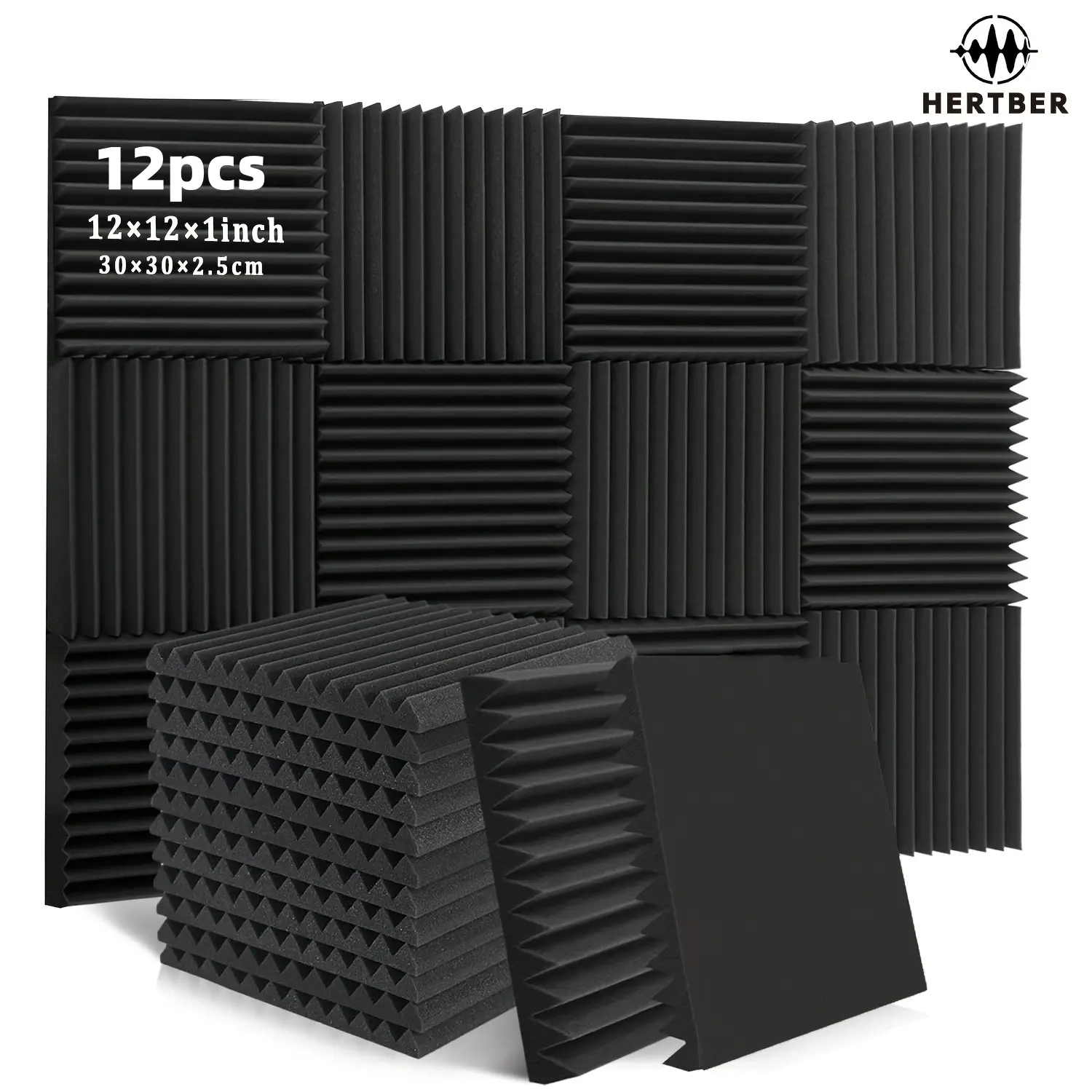 HERTBER 12Pcs Acoustic Foam Panels 30×30×2.5cm High Density Sound Absorbing Foam Noise Reduction Echo Dampening Panels for Recording Studio Equipment Guitar Piano Room Home Theater Game Room Wall Sound Insulation