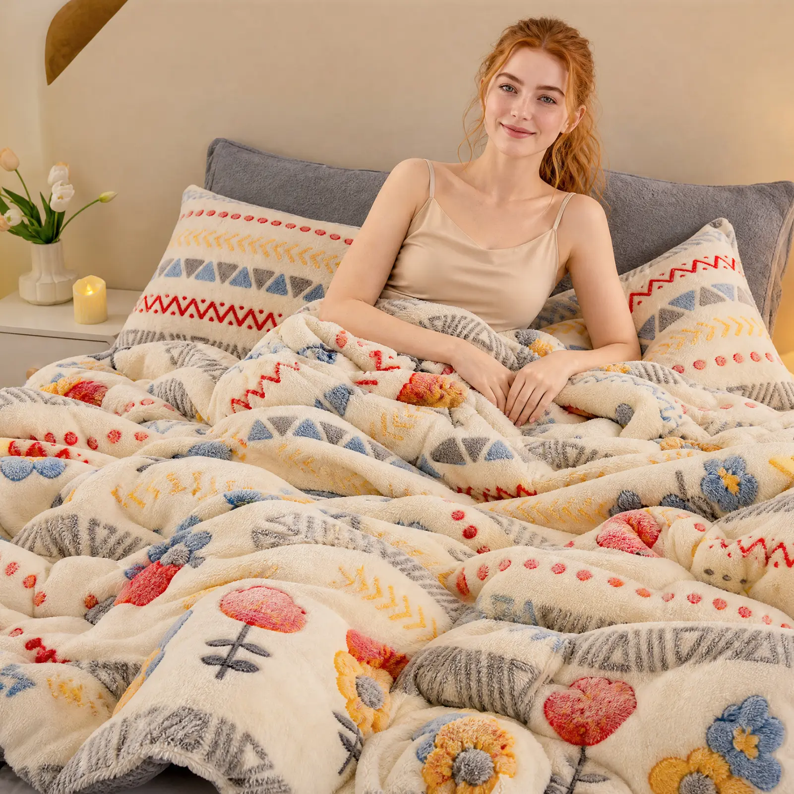 Boho Snowflake Velvet Comforter Set - Reversible Faux Sherpa Fleece Duvet Cover, Bohemian Geometric Floral Print, Soft Warm Winter Quilt for Bed, Machine Washable