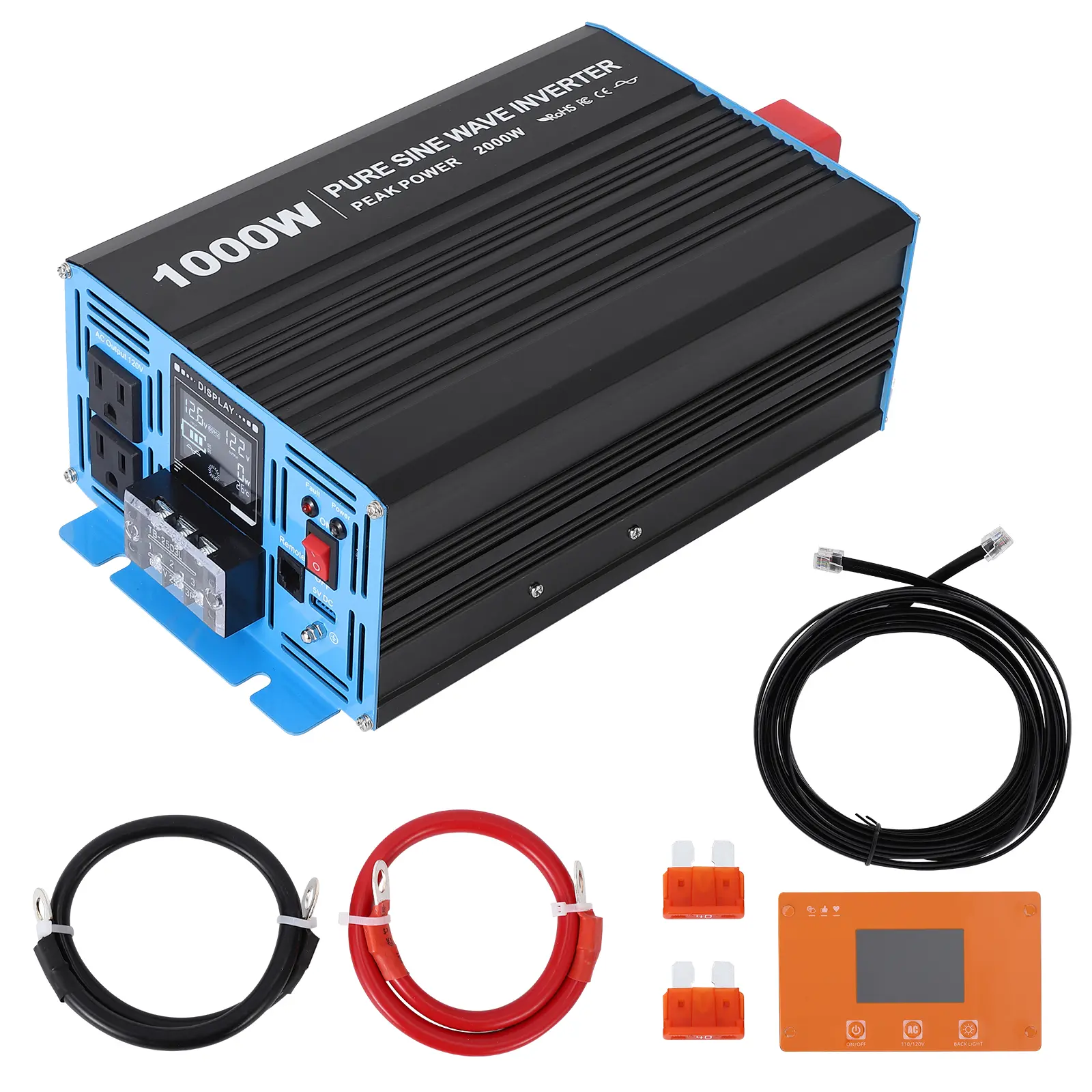 Pure Sine Wave Power Inverter, 12V to 120V, 1000W to 4000W, USB and AC Outlets, Wired Remote Control