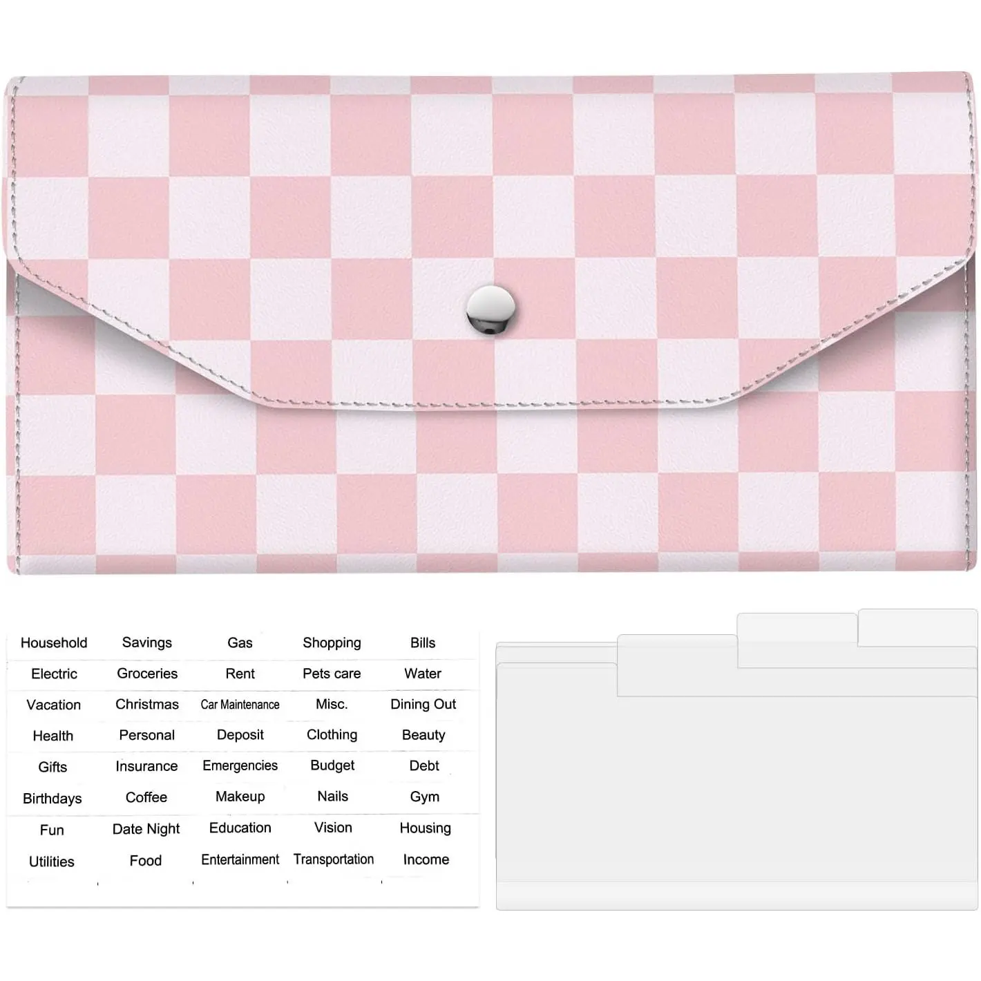 Wallet &  Envelopes for ,  Leather  Saving Envelop with Snap Closure and 4 Dividers & 1 Category Stickers, Cute Envelop Wallet for Women and Men  Checkered