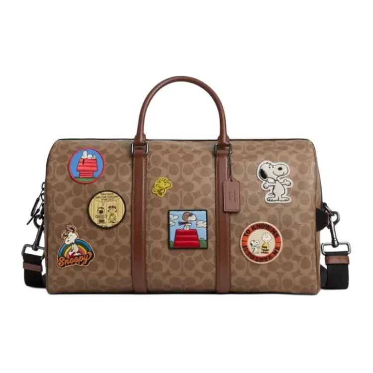 Coach x Peanuts Signature 45 Ventura Boston Bag for Women – Coated Canvas and Leather, Crossbody/Shoulder/Handheld Travel Tote in Tan