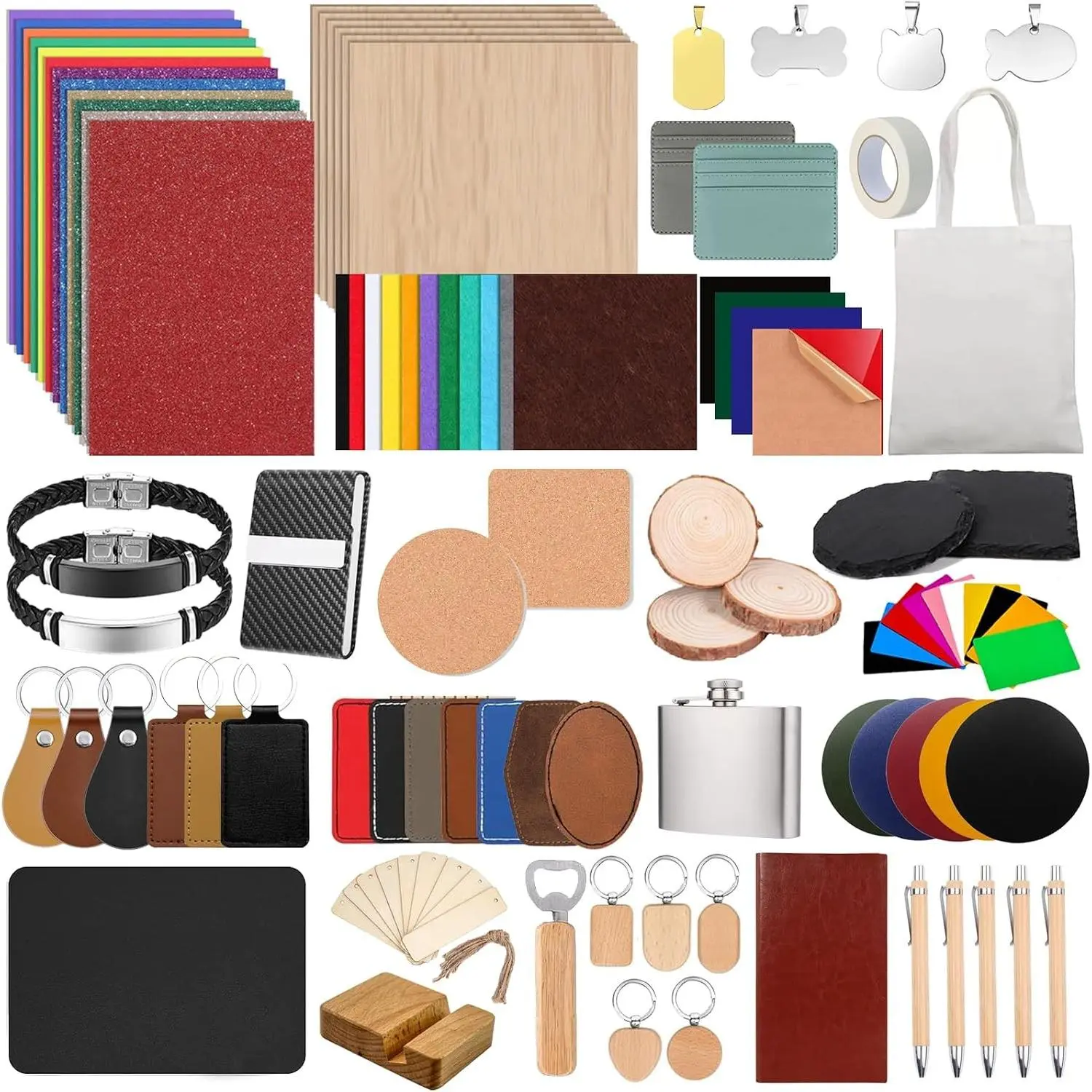 134pcs Laser Engraving Blanks Kit, 28 Types Laser Engraving Supplies & Engraver Accessories with Basswood, PU Leather, Metal, Acrylic, Fabric for Laser Cutter Engraver