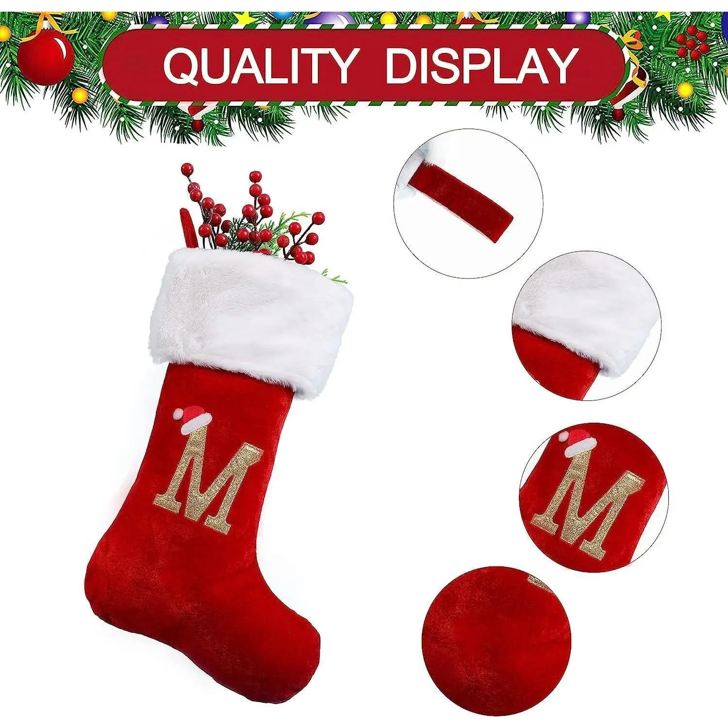 20 Inches Large Soft Red Christmas Stockings with Embroidered Initial Monogram, Personalized Holiday Decorations, Xmas Season Gift for Home