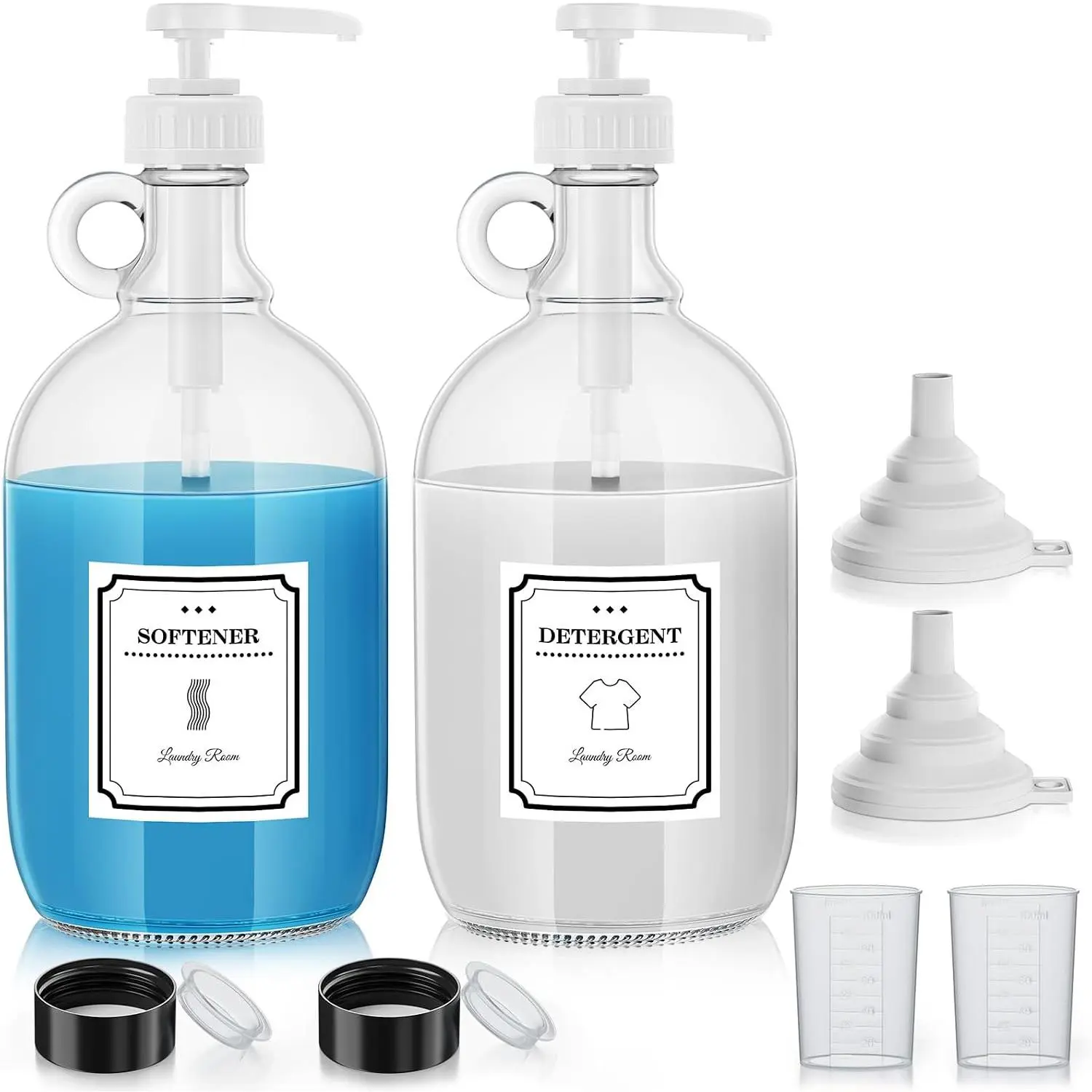 Laundry Detergent Dispenser,64oz Fabric Softener Dispenser,Glass Liquid Laundry Detergent Container,Laundry Detergent Organizer for Laundry Room Organization with 4 Labels,2 Pack
