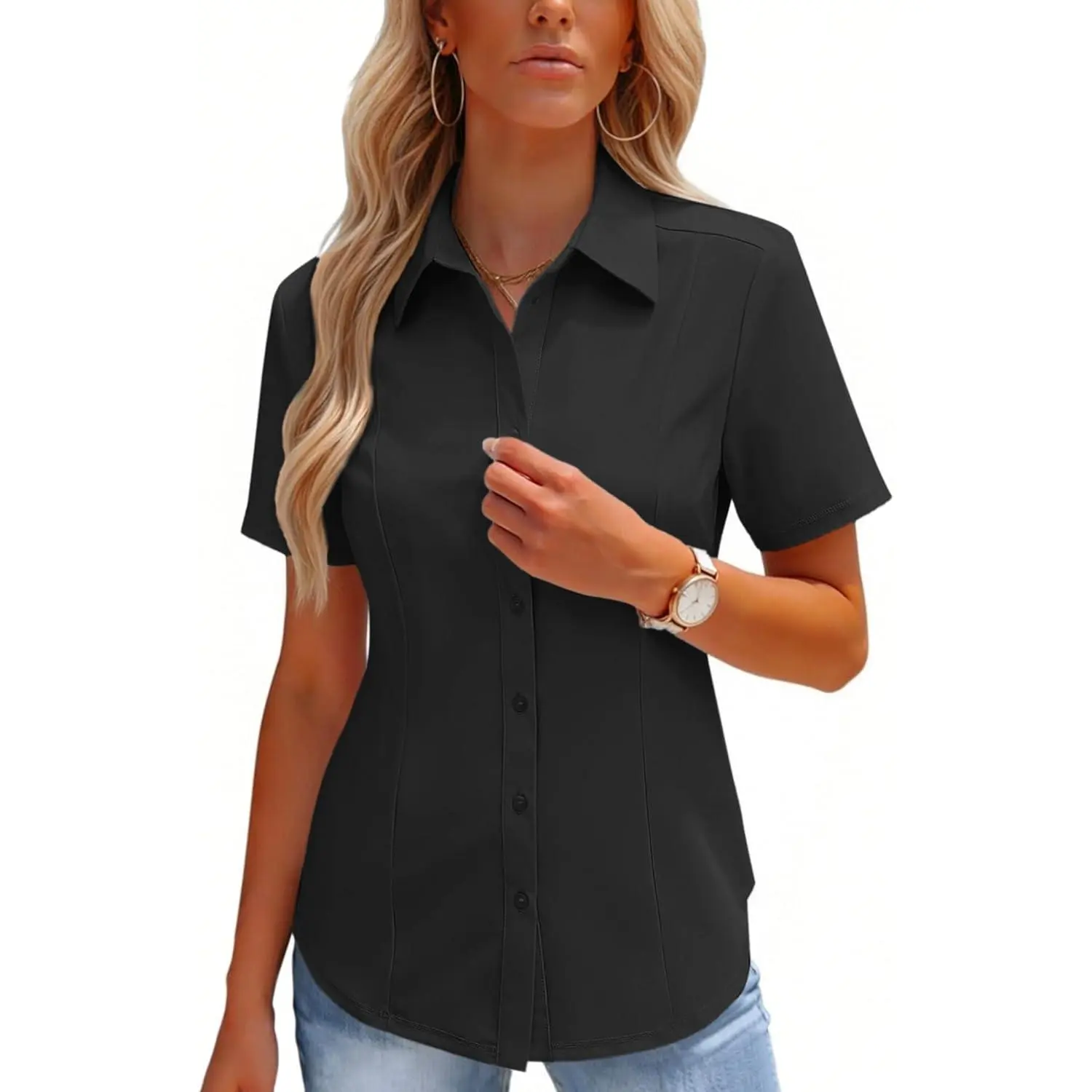 Button Down Shirts for Women Short Sleeve Stretch Dress Shirt Wrinkle-Free Formal Work Blouses Summer Tops S-2XL(Gift)