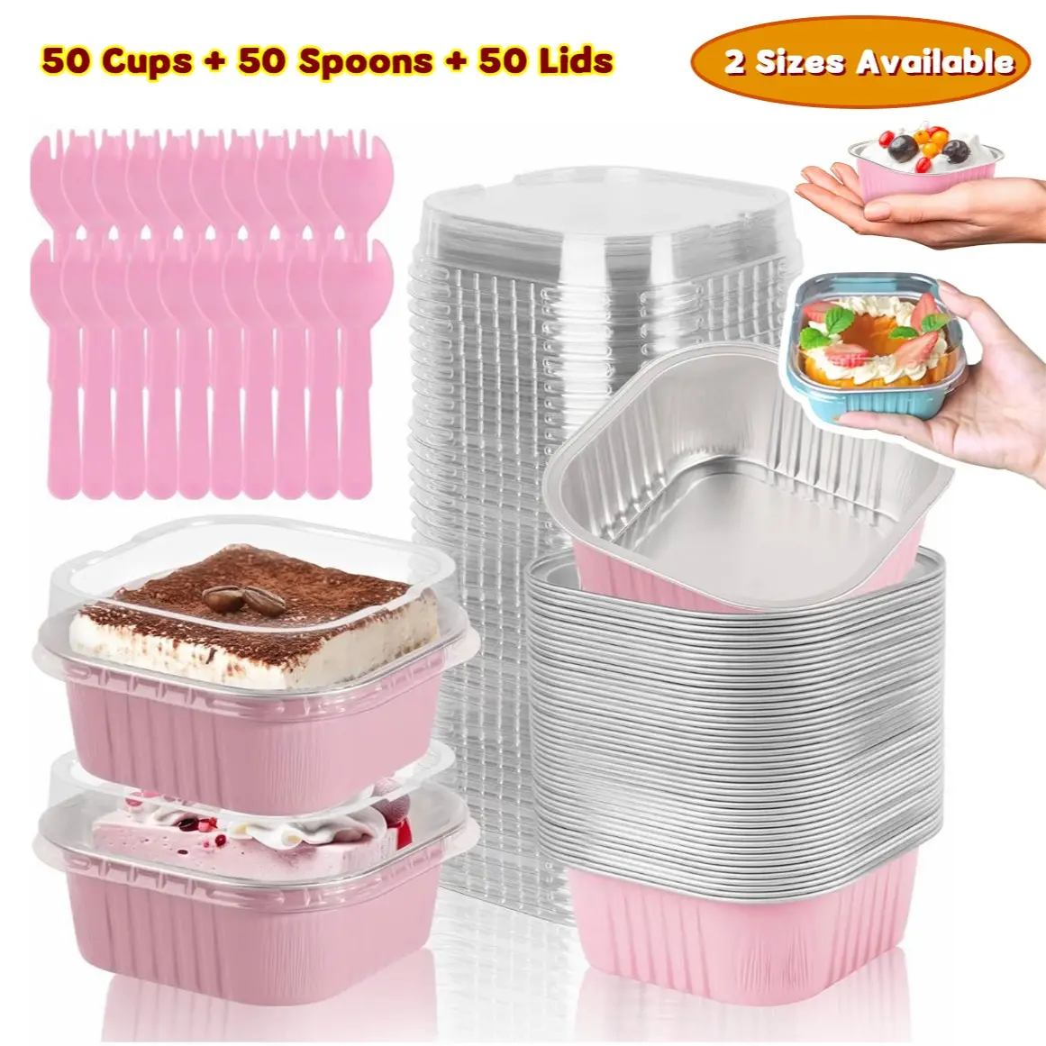 50 Pack Mini Square Aluminum Foil Cake Pans with Matching Lids & Spoons, 2 Sizes Available, Multipurpose Aluminum Baking Containers, Cupcake Liners, Baking Dish with Lid, Bakeware Supplies for Weddings, Birthdays, Halloween & Christmas Holiday Parties