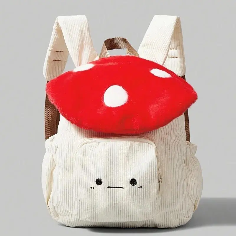 Women's Kawaii Plush Mushroom Backpack Cute Tote Bag with Adjustable Straps Zipper Closure Corduroy Red/White Student Backpacks