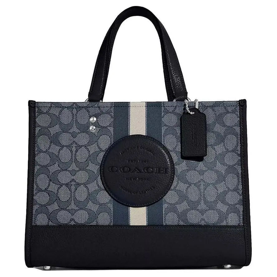 COACH Dempsey 30 Striped Logo Tote Bag for Women – Chambray and Leather, Crossbody/Shoulder Style, Midnight Blue